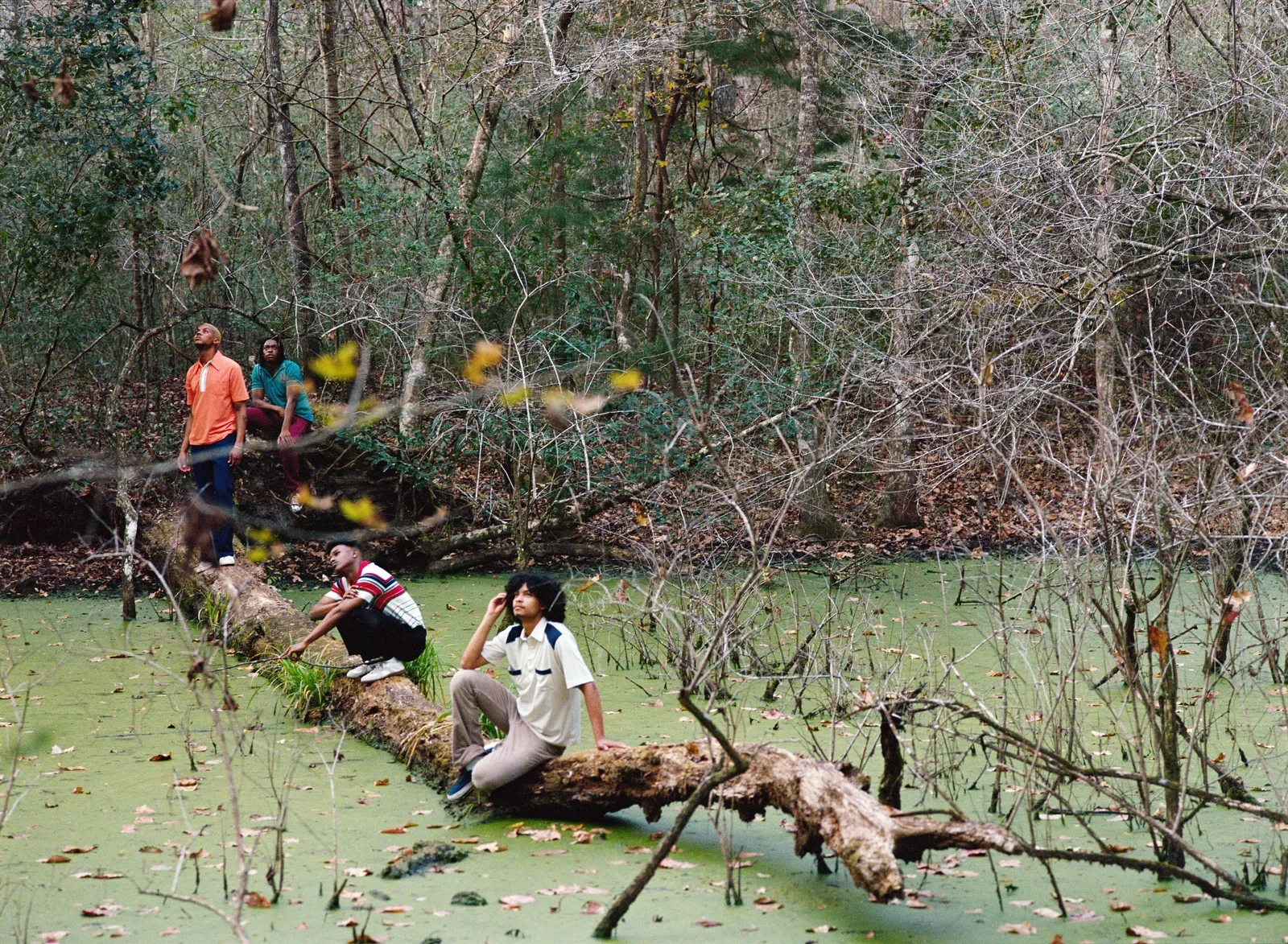 Florida Boys by Josh Aronson — A wetland scene captures four figures distributed across a green water surface dotted with fallen timber and sparse vegetation.
