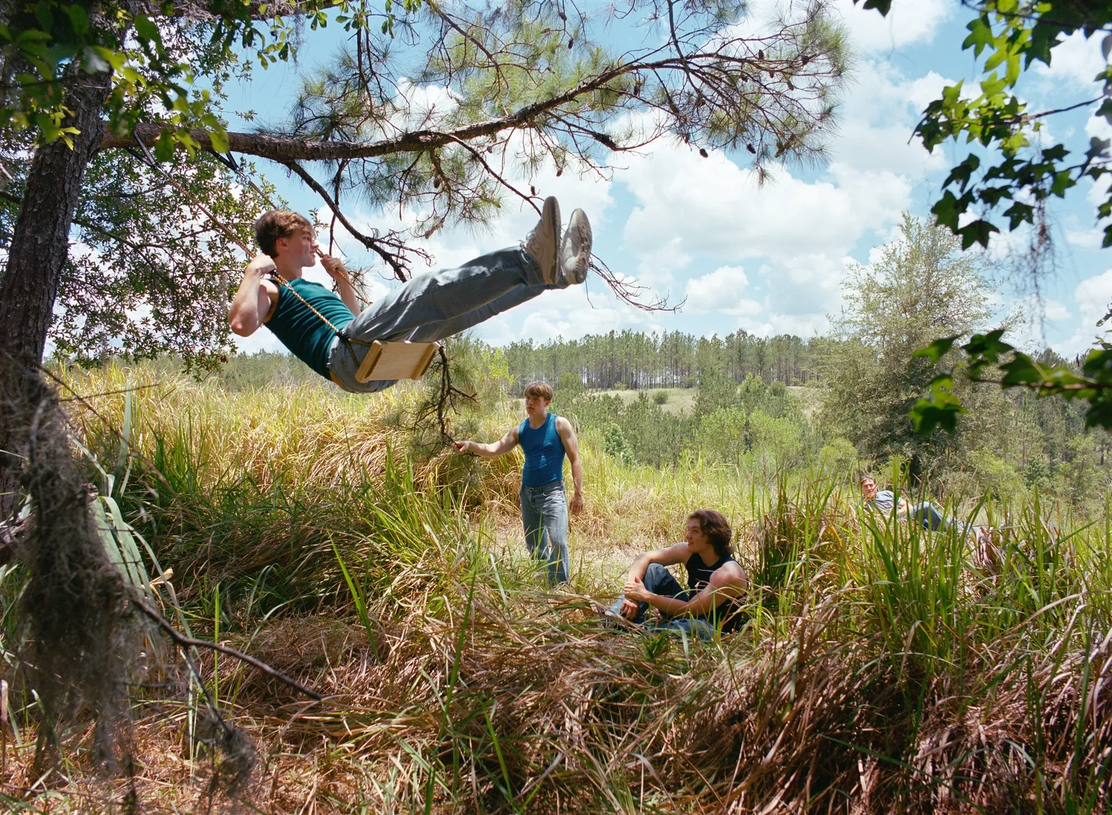 Florida Boys by Josh Aronson — A youth suspended mid-swing from a gnarled pine branch, body weight distributed through extended arms, legs kicked outward in dynamic counterbalance.
