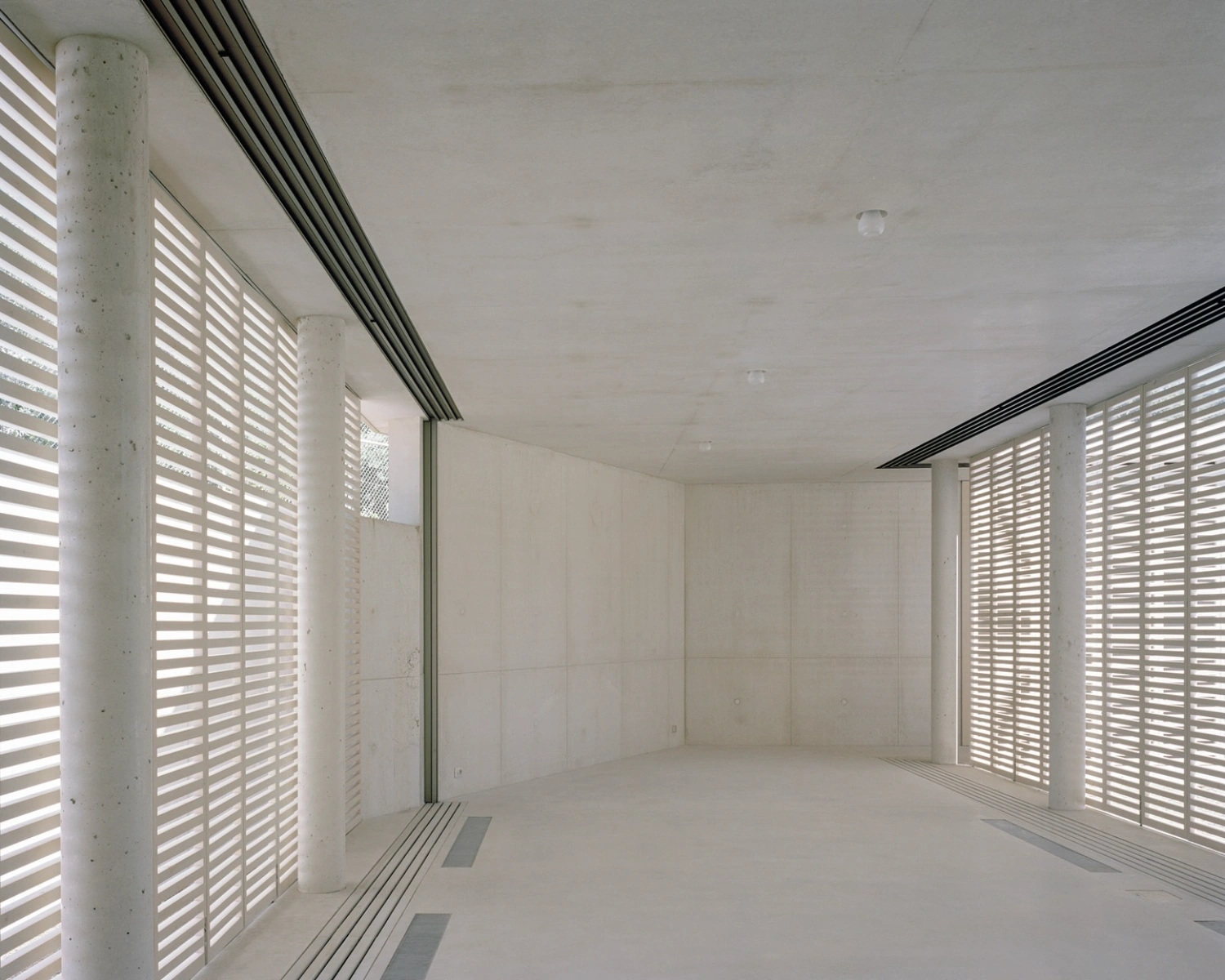 Patio House by Arquitectura-G — A colonnade of twenty slender white concrete columns supports a thin planar roof, creating a permeable threshold between interior courtyard and landscape.