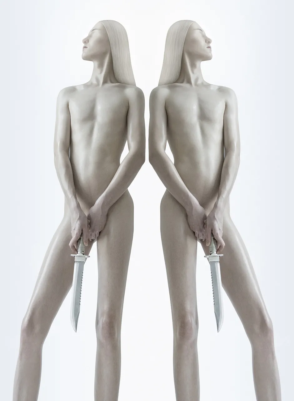 TRANSHUMANISM by Joanna Grochowska at Untitled Space Gallery — Grochowska's paired figures present mirrored anatomies cast in white plaster or resin, their elongated proportions defying standard human measurement.