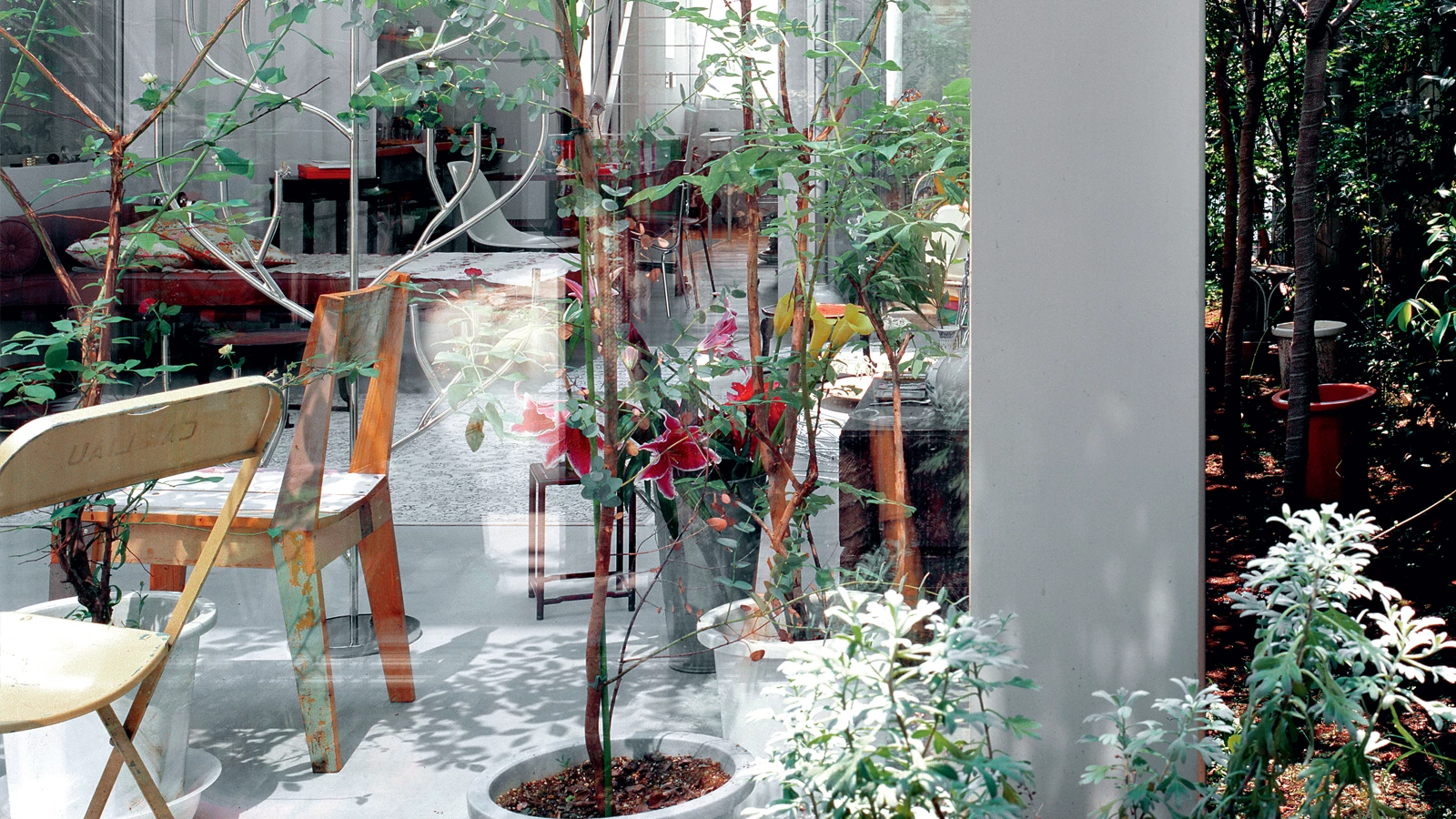 House A by Ryue Nishizawa — A view through layered glass partitions reveals the compressed interior spatial organization of House A.