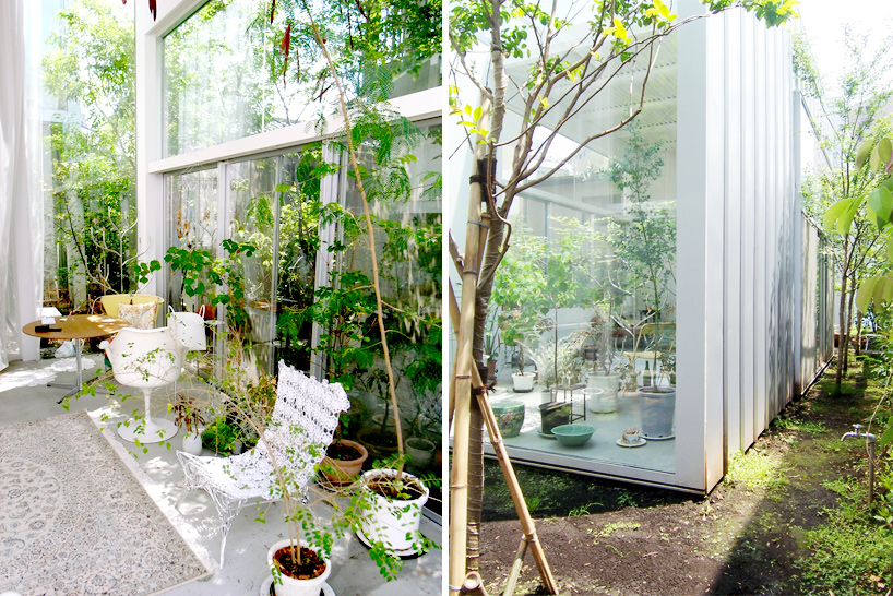 House A by Ryue Nishizawa — A glazed corridor frames successive interior volumes, their white planes punctuated by black furniture silhouettes.