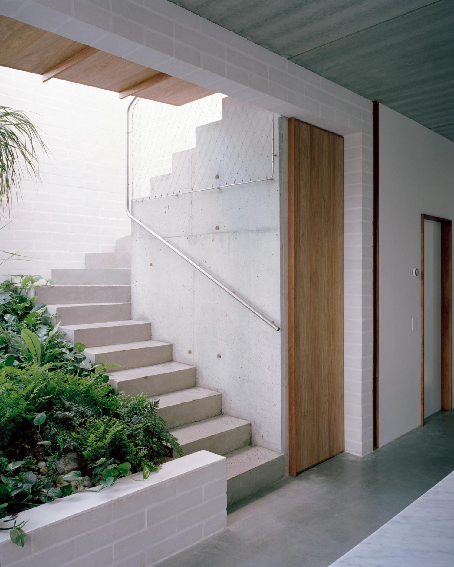 Birdwood House by Peter Besley — A concrete staircase ascends beneath a white brick wall, its monolithic form anchored by a steel handrail.