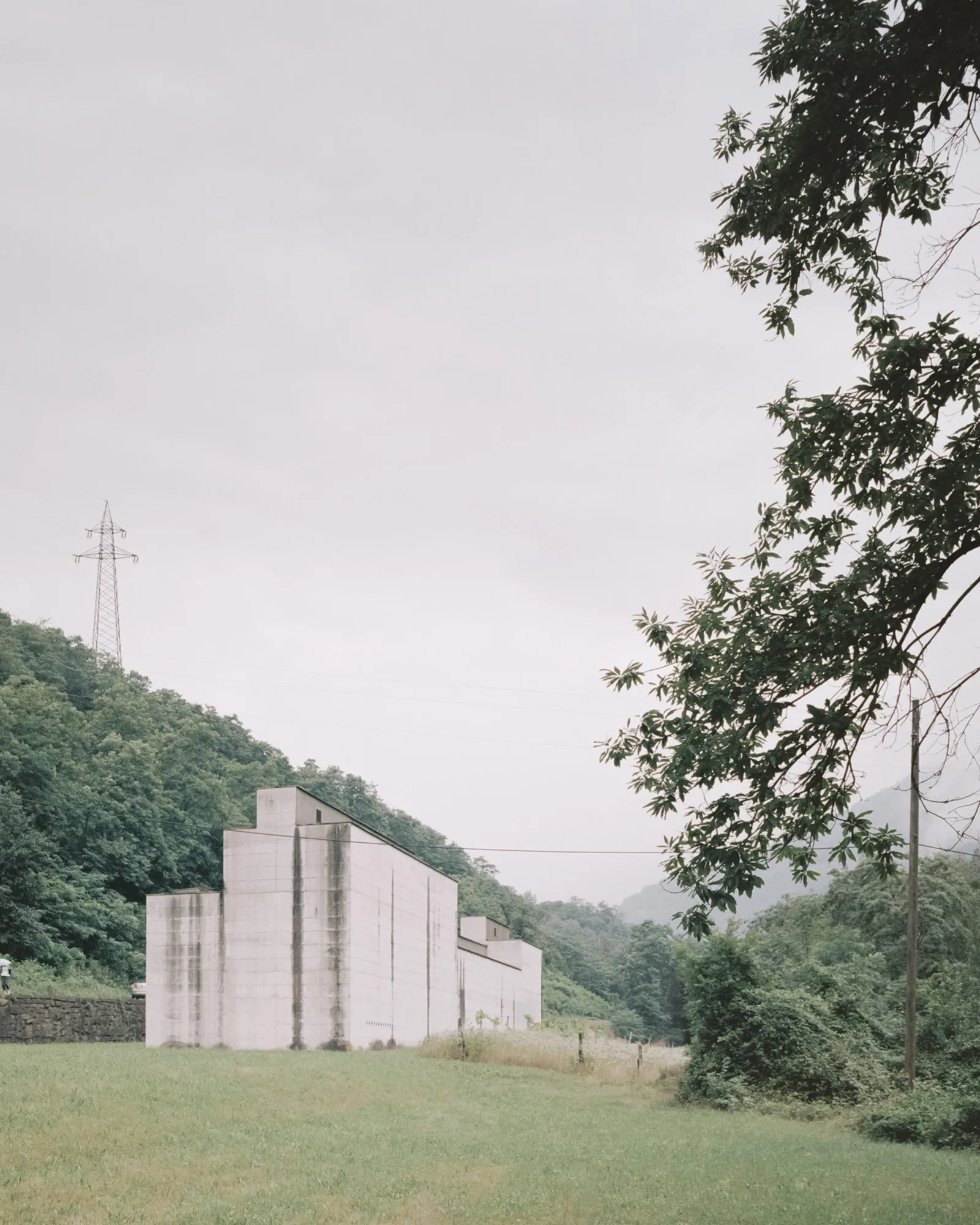 La Congiunta Museum by Peter Märkli — The museum's monolithic concrete structure rises from a verdant valley floor, its board-formed walls bearing the textured impressions of wooden formwork.