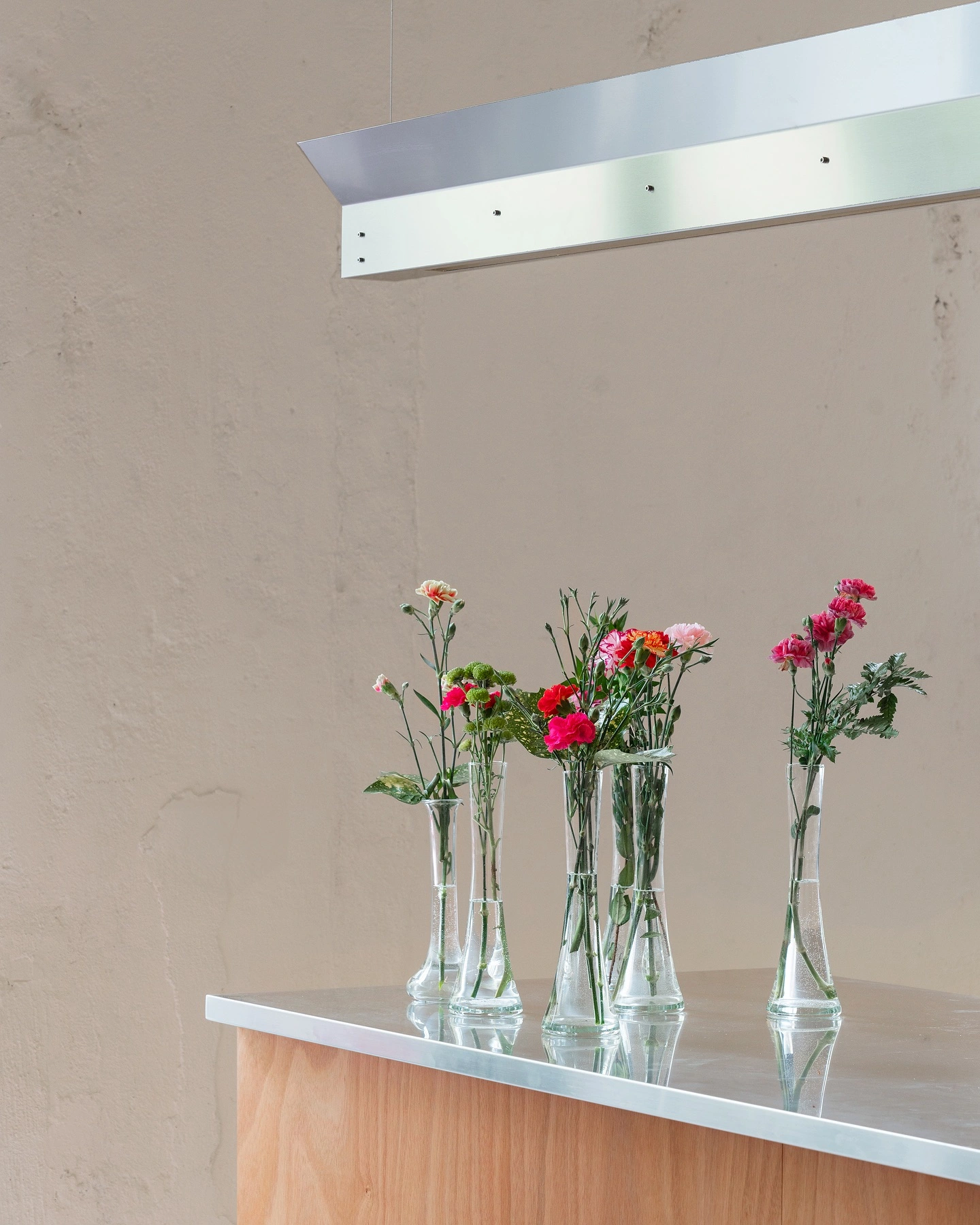 L’ALTRO by Sagoma Studio — A minimalist display surface features five glass vessels arranged in a linear sequence, each containing carnation stems in varying heights and color...