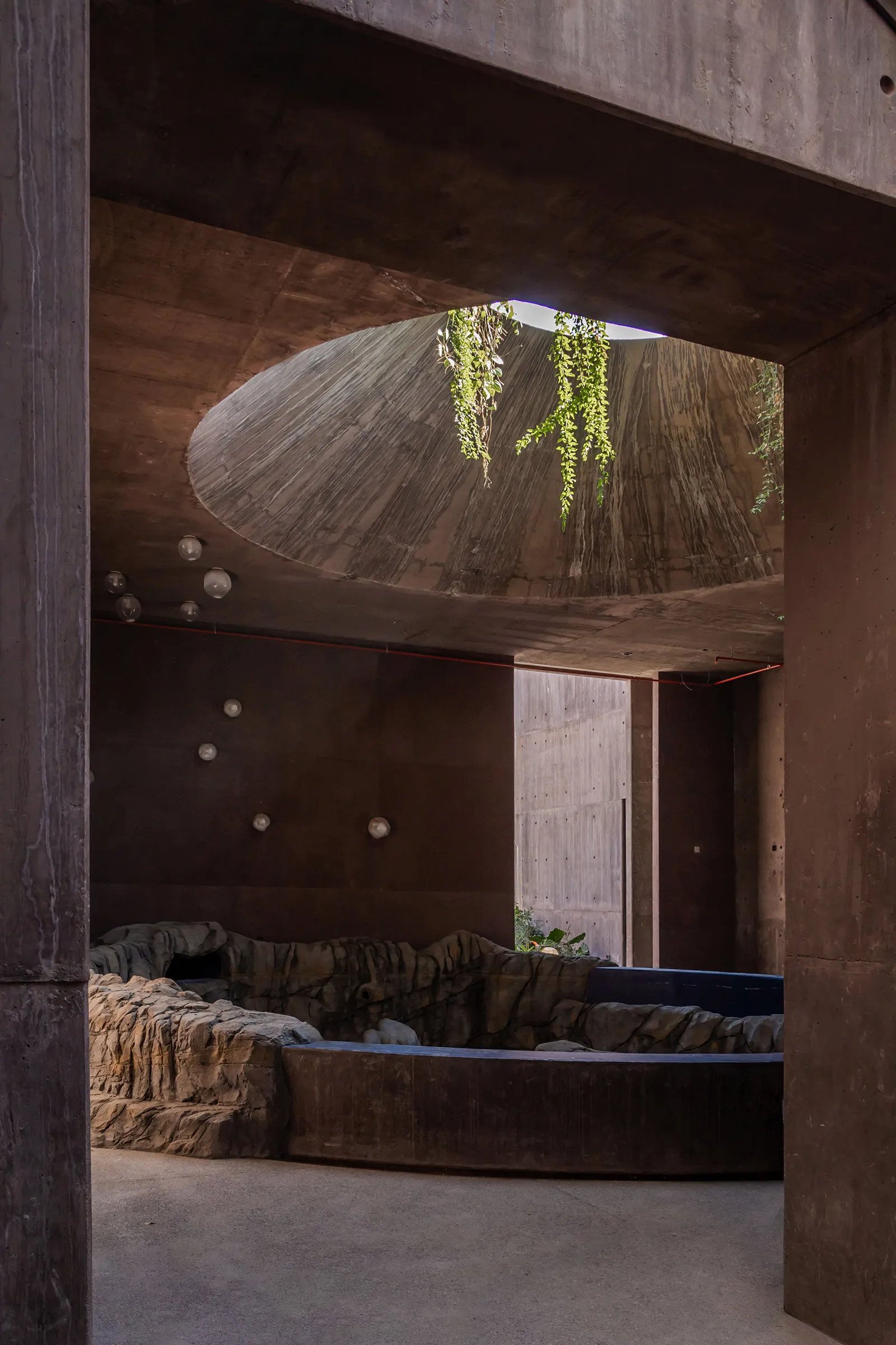 Sea of Cortez Research Center by Tatiana Bilbao — A monolithic concrete interior chamber opens to cascading vegetation and filtered daylight through a dramatically vaulted ceiling.