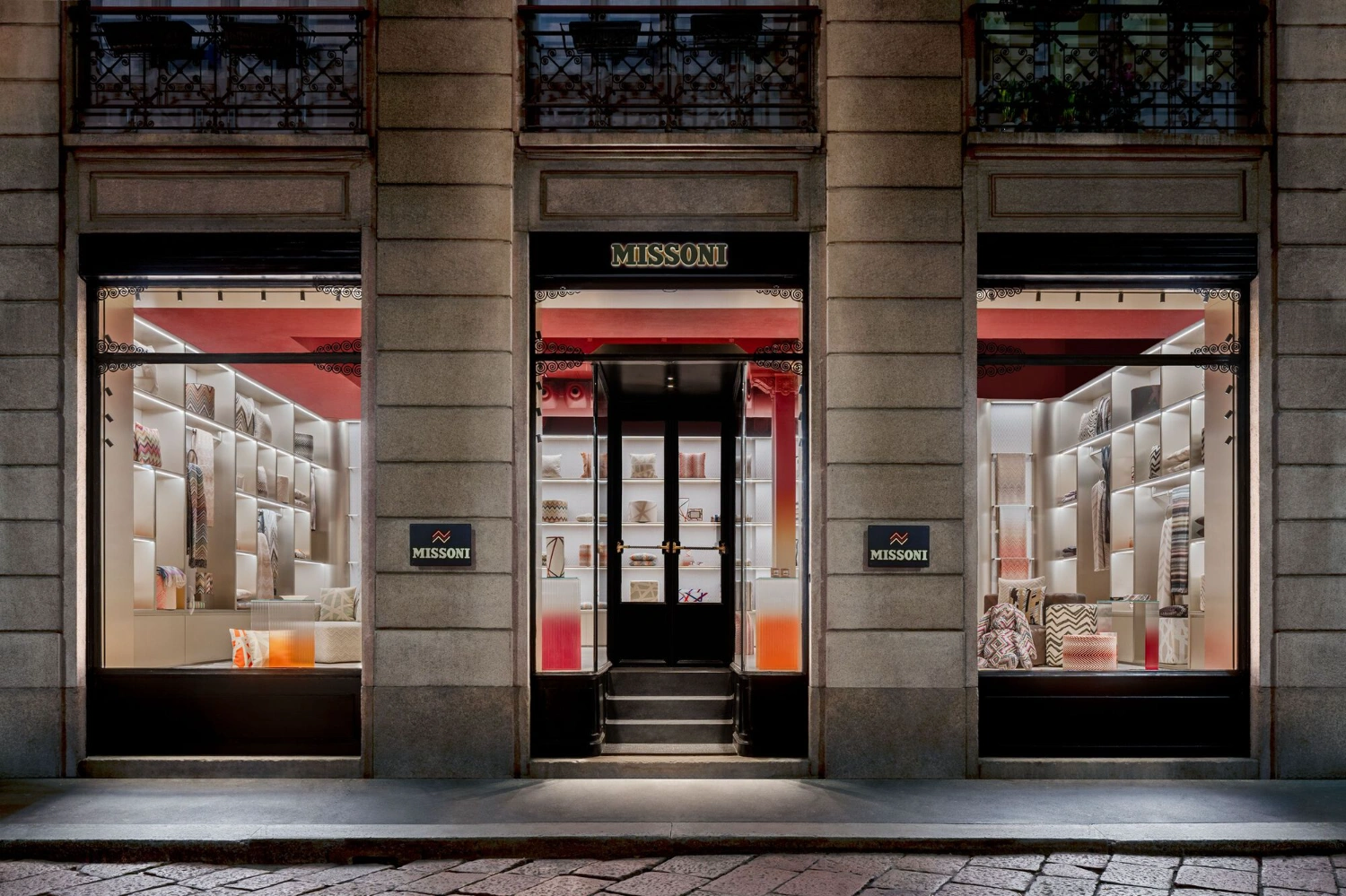 Missoni Home Boutique (Showroom) by Lit Studio — The Missoni Home boutique storefront presents a tripartite facade of symmetrical display windows flanking a central entrance.