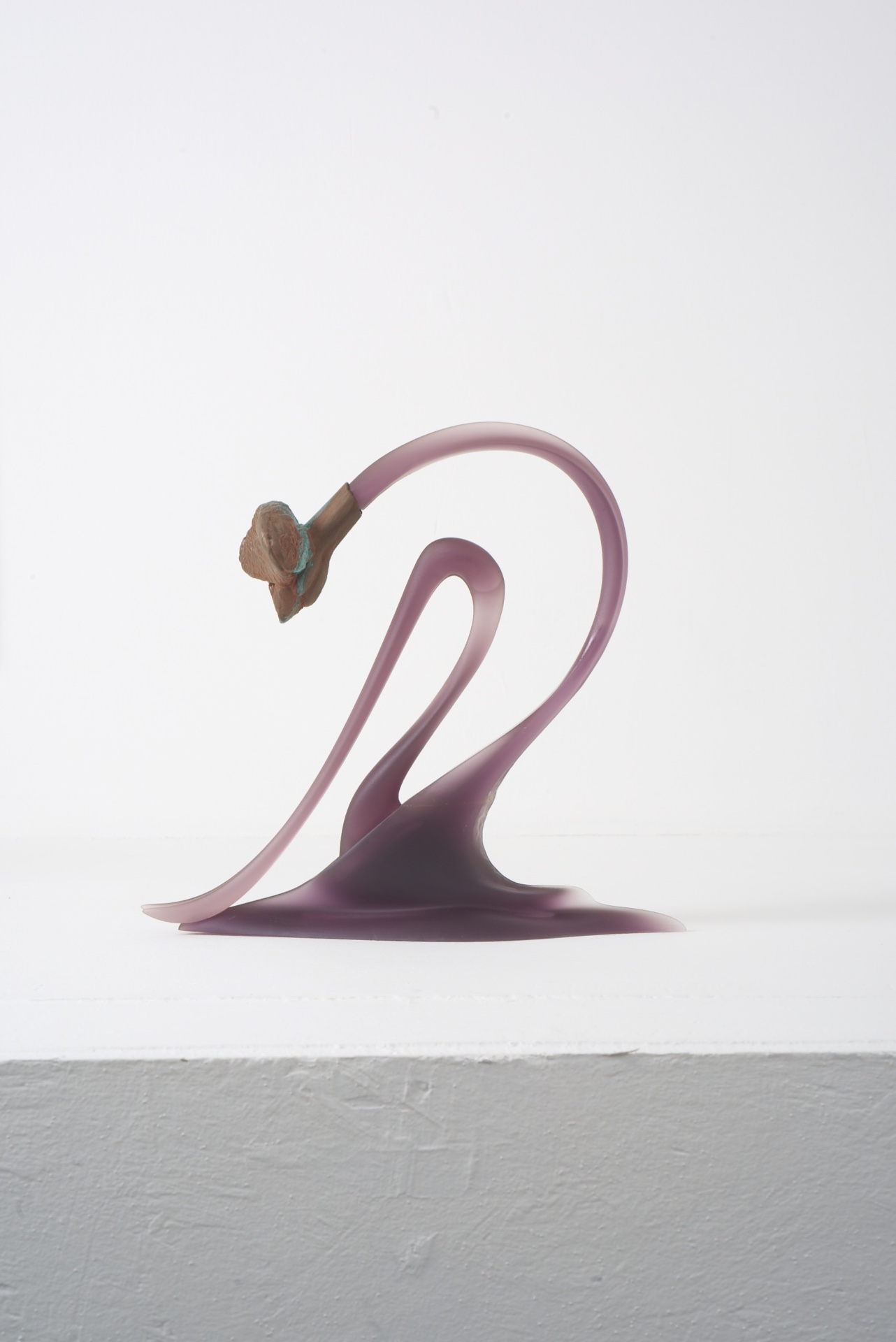 Opacity As A Healing Space by Szilvia Bolla Lorenzo Conforti at Limbo Contemporary — A sculptural resin form dominates the composition, its undulating curves rising from a pooled base in graduated tones from mauve to deep purple-grey.