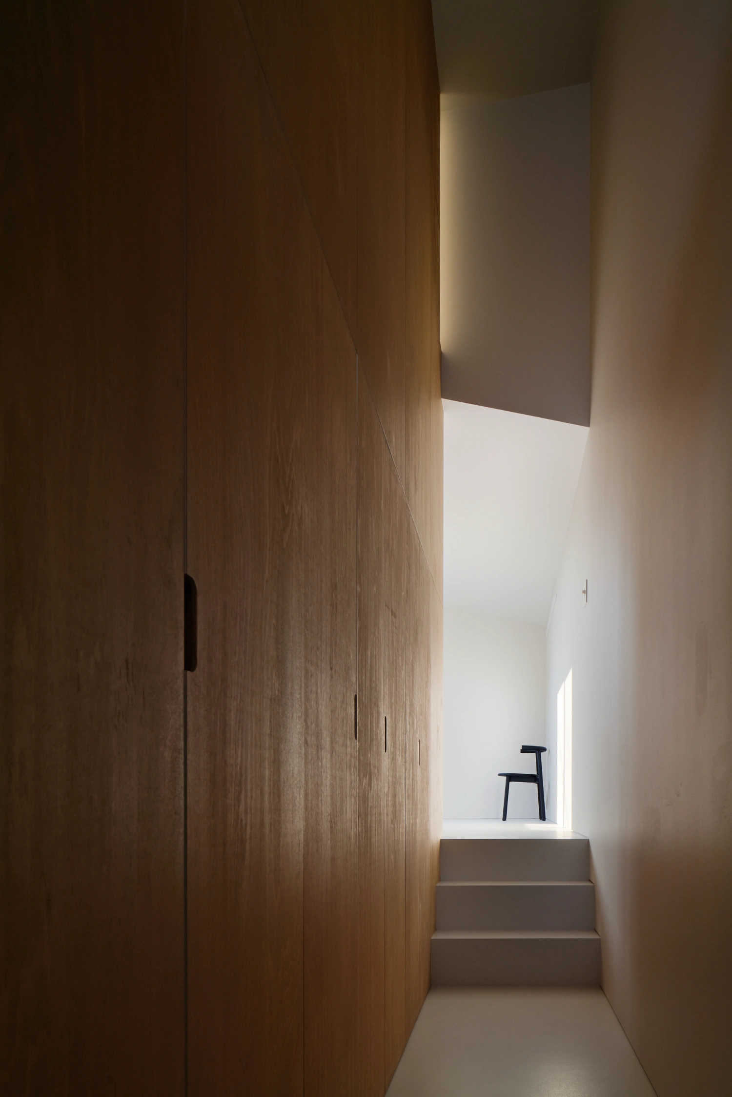 Retreat House by Arii Irie Architects — A narrow passage compressed between a timber-clad wall and white rendered surfaces demonstrates the residence's spatial economy.