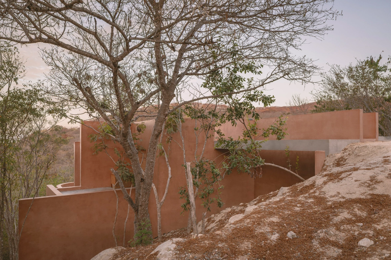 Casa Tobi by Espacio 18 Arquitectura — Casa Tobi's terracotta render volumes step down the Oaxacan hillside, their monolithic walls catching the diffuse midday light.