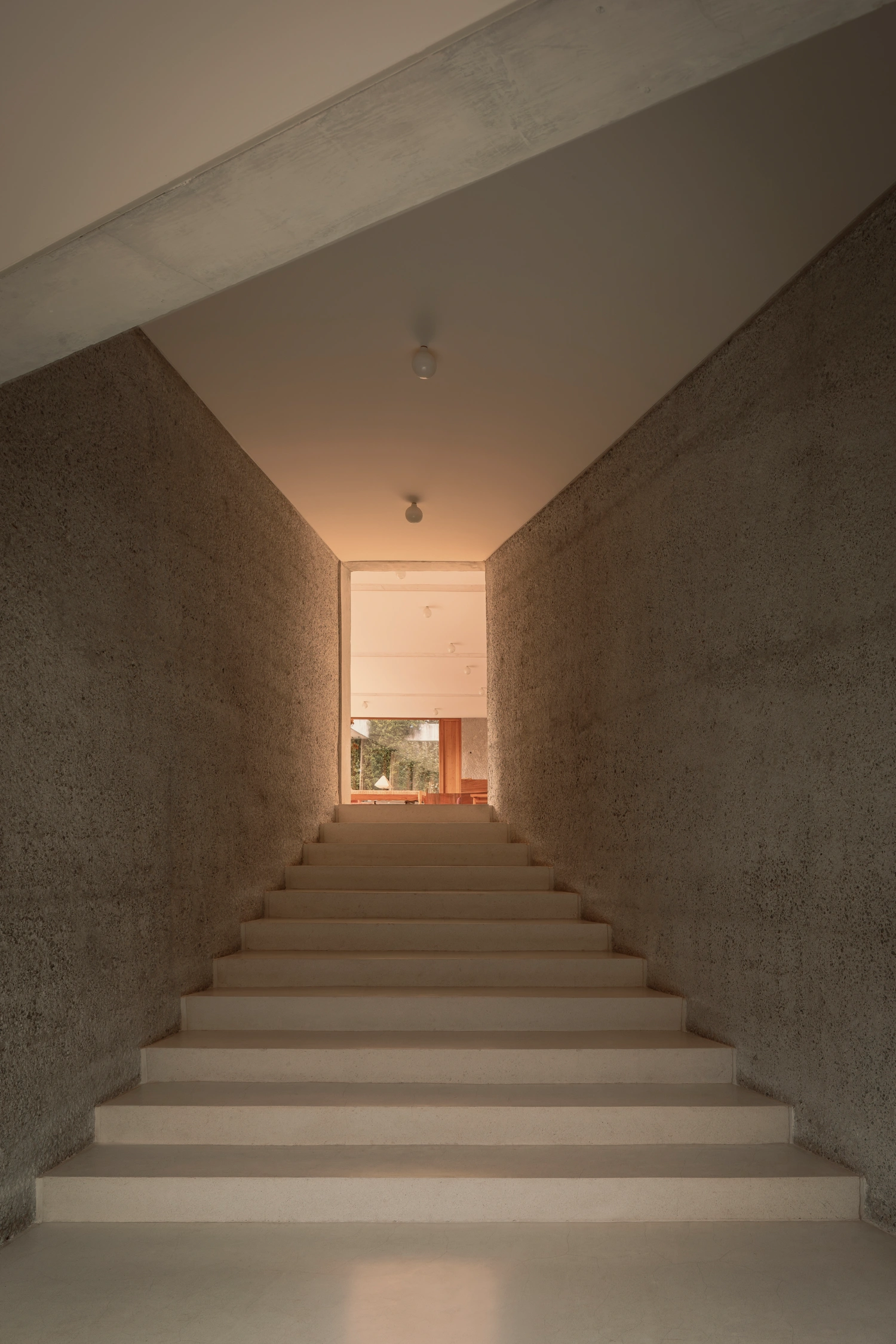 House Between Two Rivers by Taller 3000 — A monumental concrete staircase carved through the hillside, framed between two rendered concrete walls with visible weathering and water staining patterns.