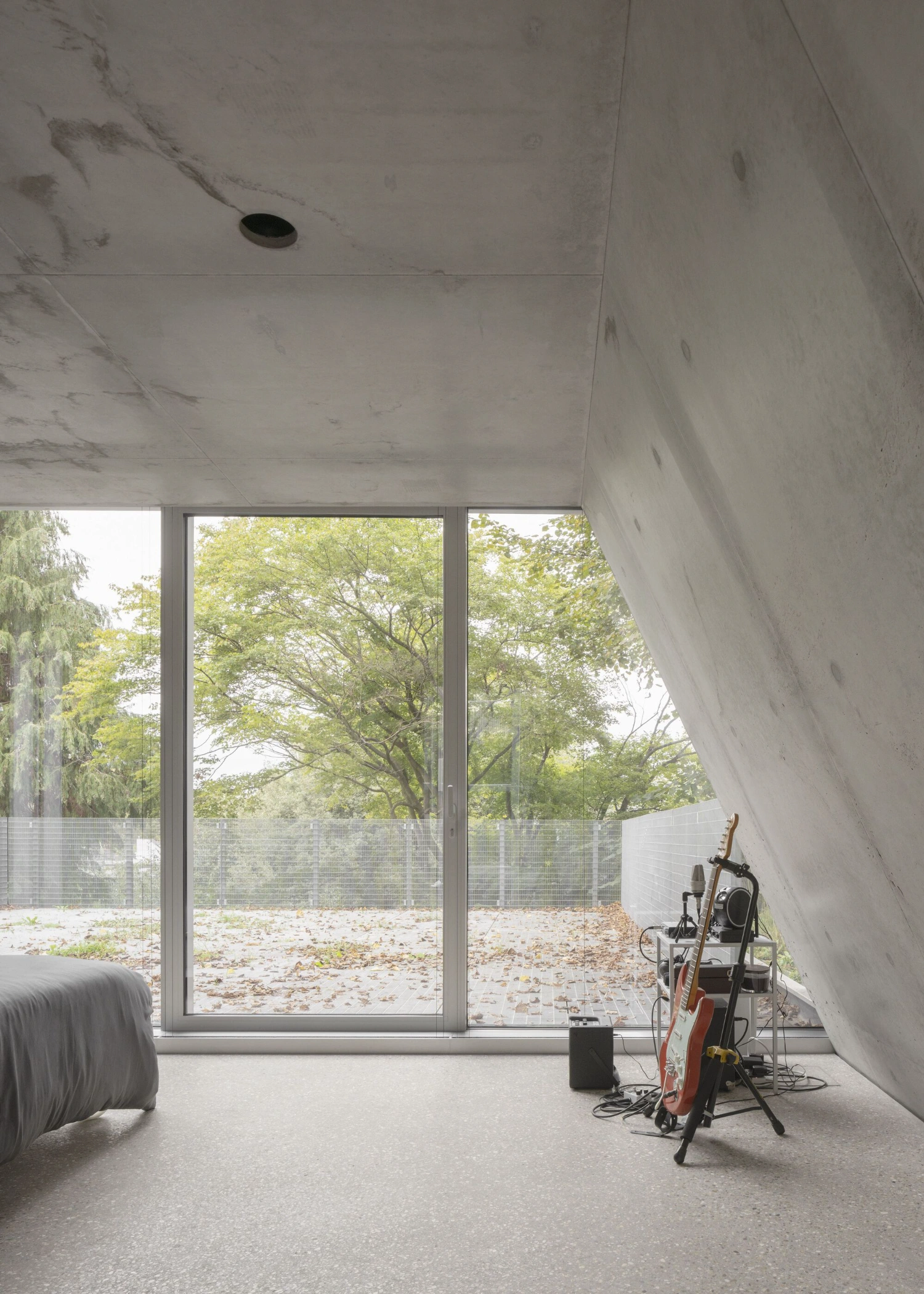 Reciprocal House by Gianni Botsford Architects — A ground-floor interior frames floor-to-ceiling glazing overlooking a mature tree-lined courtyard scattered with autumn leaves.