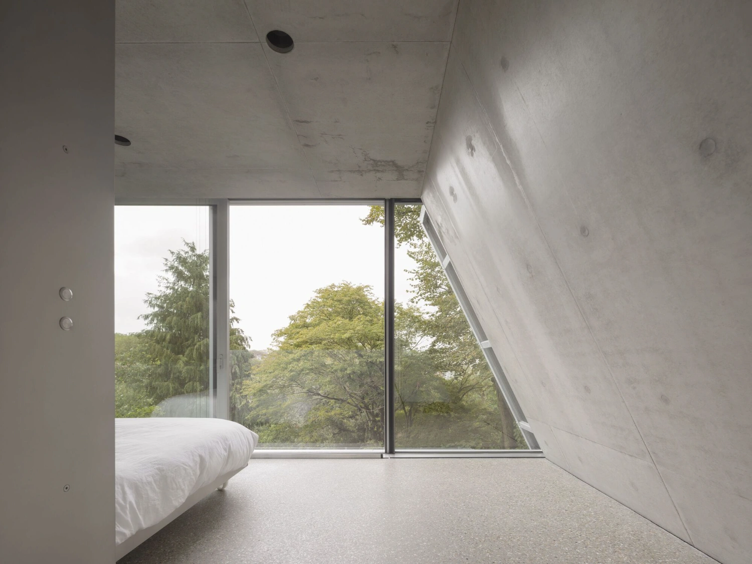 Reciprocal House by Gianni Botsford Architects — A bedroom cantilevers toward mature woodland, its angled white render wall meeting flush floor-to-ceiling glazing that frames deciduous trees in full leaf.