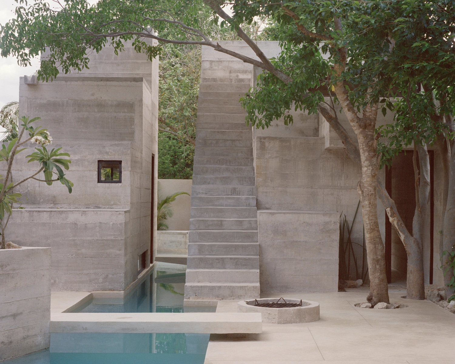 House in Los Cocos by Ludwig Godefroy Architecture — A sunlit courtyard anchors the narrow Los Cocos house, where a rectangular water basin with central planting island sits on pale stone paving.