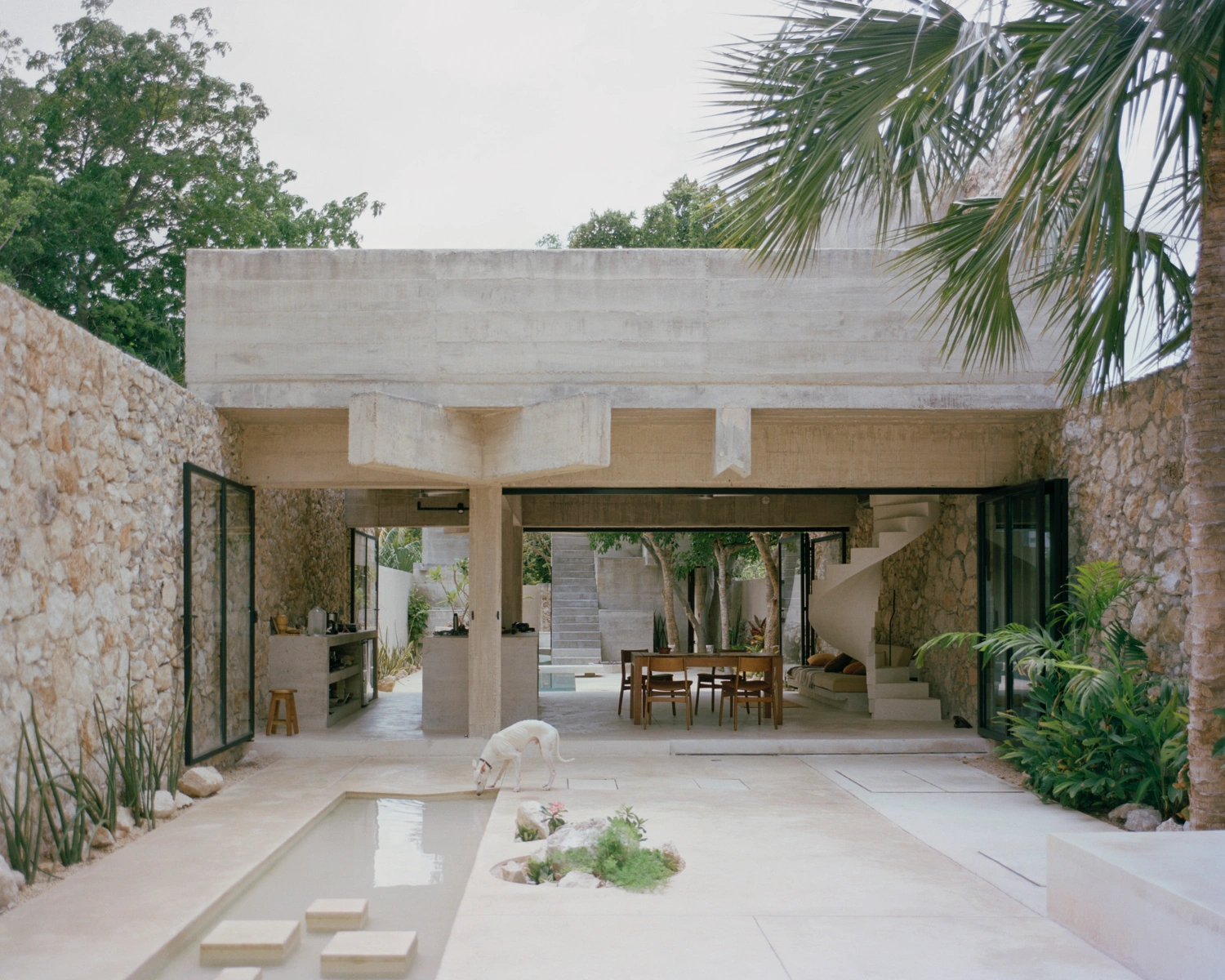 House in Los Cocos by Ludwig Godefroy Architecture — A courtyard view frames the house's central organizing element: a rectangular water basin with planted island, surrounded by pale stone paving in warm beige...