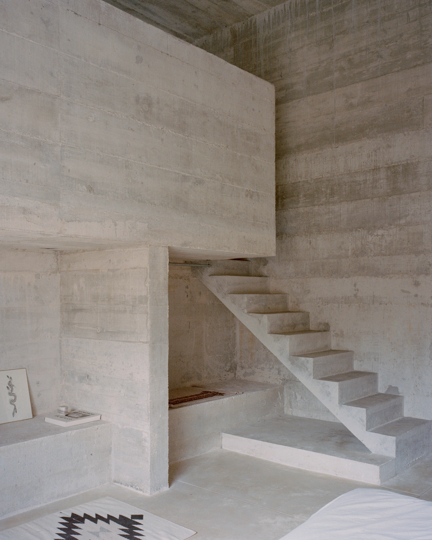 House in Los Cocos by Ludwig Godefroy Architecture — A monolithic concrete staircase descends diagonally across the frame, its stepped profile casting sharp shadows against board-formed concrete walls.