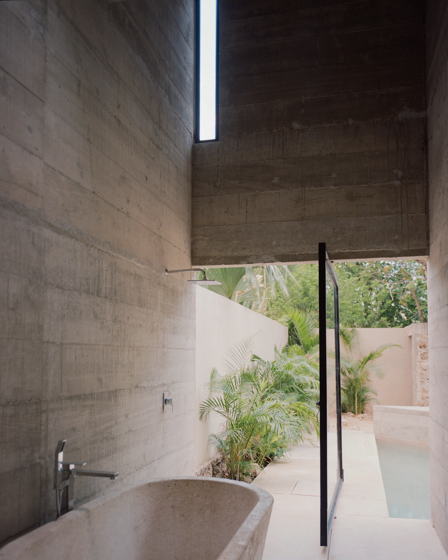 House in Los Cocos by Ludwig Godefroy Architecture — A concrete bathroom opens to a verdant courtyard through a frameless glass partition, its dark steel frame creating a stark linear punctuation.