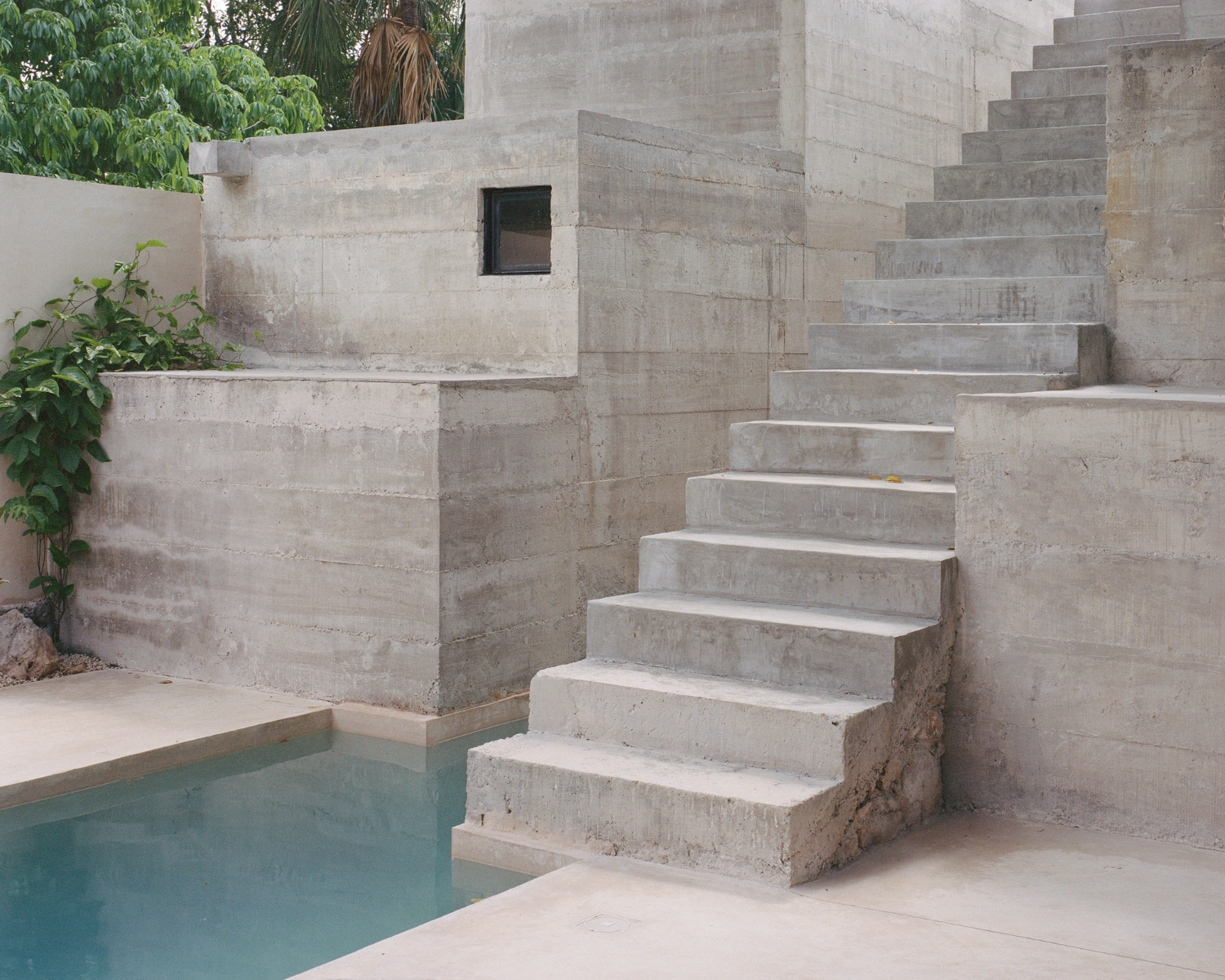 House in Los Cocos by Ludwig Godefroy Architecture — Concrete stepping stones descend into the courtyard, their monolithic cast forms creating a sculptural staircase that mediates between upper and lower levels.