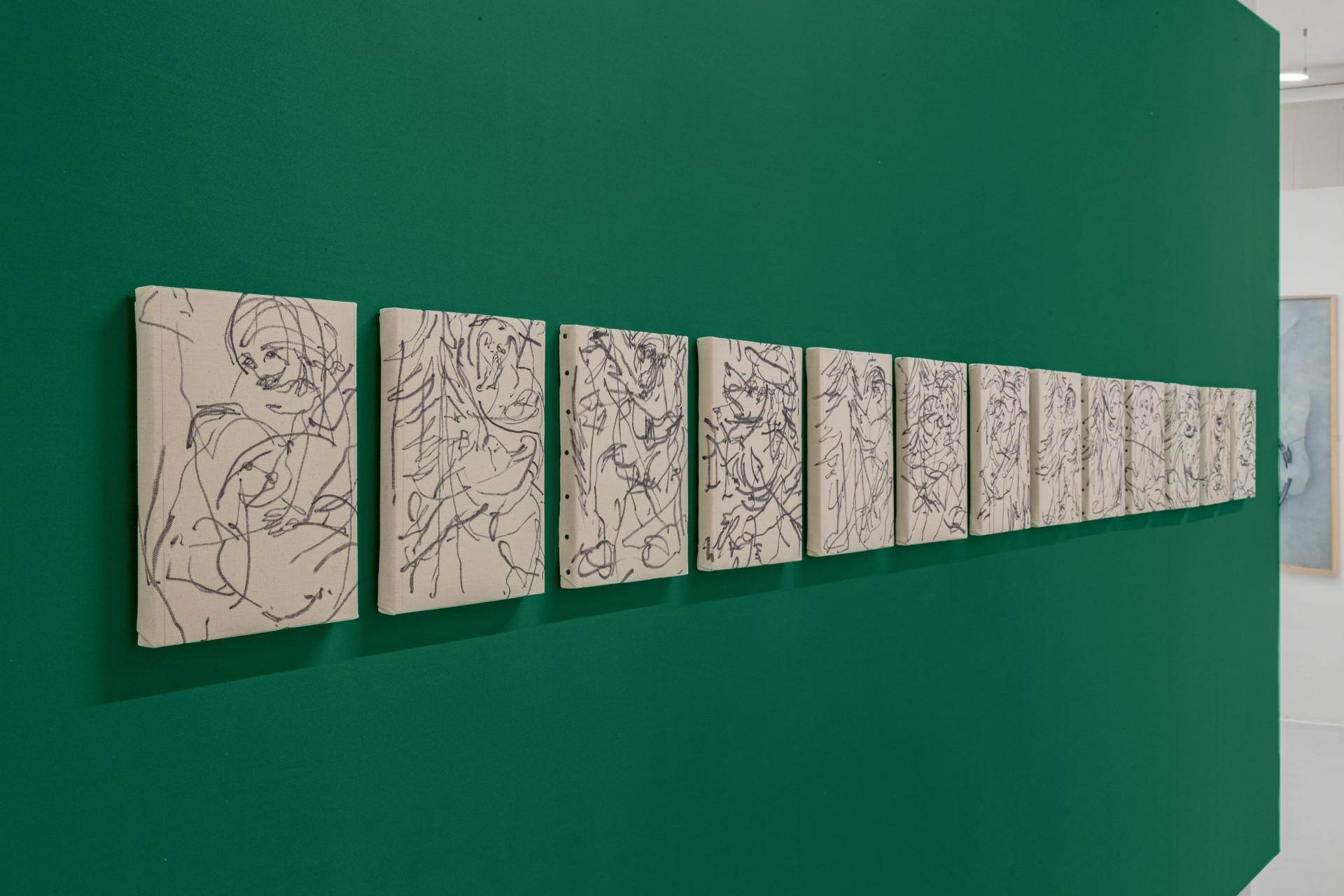 Till the cows come home at banquet — A linear gallery installation spans a saturated teal wall, presenting approximately ten canvas panels arranged in graduated recession.
