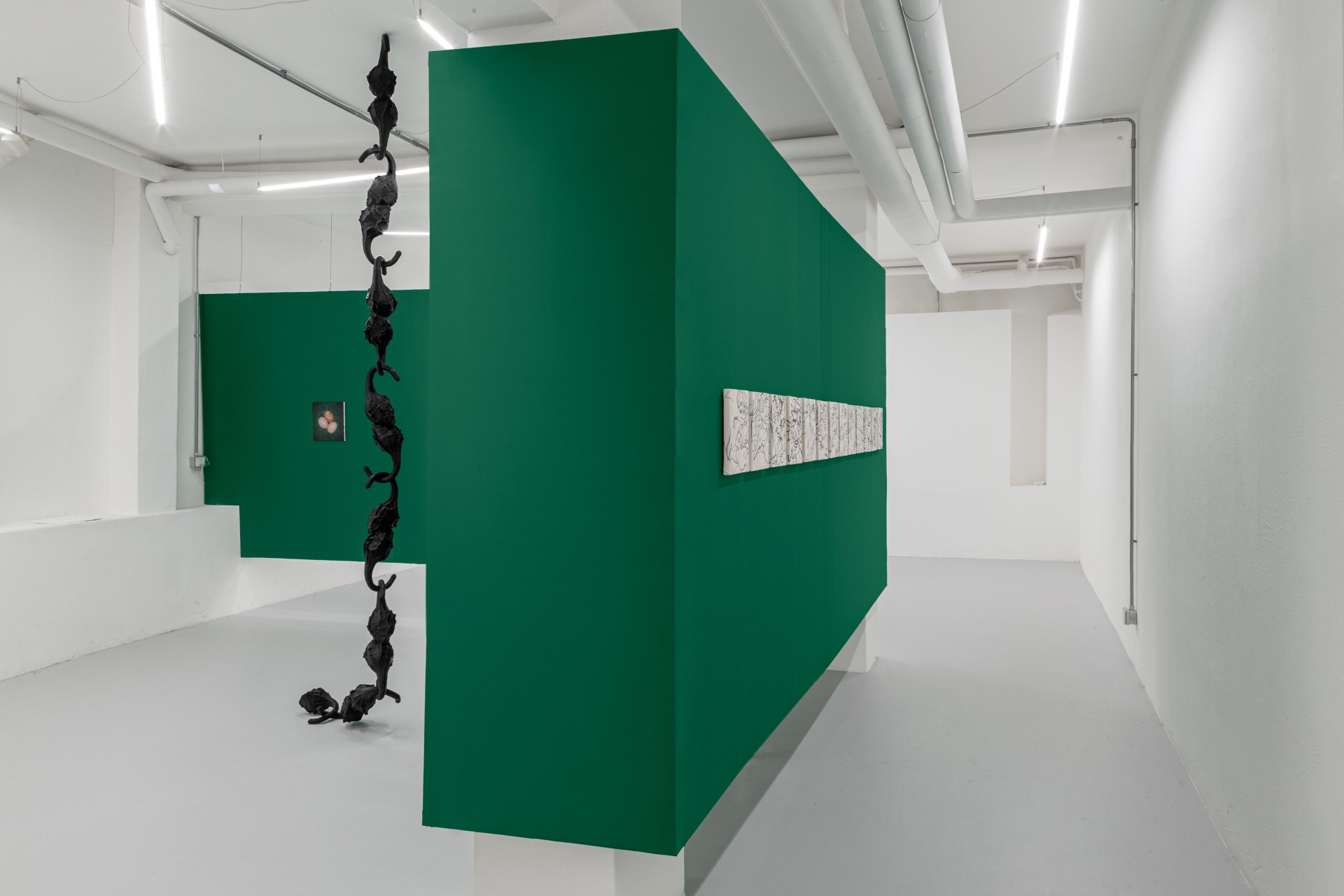 Till the cows come home at banquet — A monolithic green-painted wall plane bisects the gallery space, its angled geometry creating dynamic apertures and sightlines.