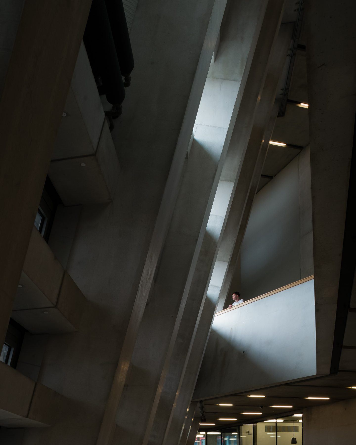 The Tate Modern by Herzog & de Meuron — This overhead view captures the dramatic verticality of Herzog & de Meuron's conversion, looking upward through multiple levels of the Bankside Power...