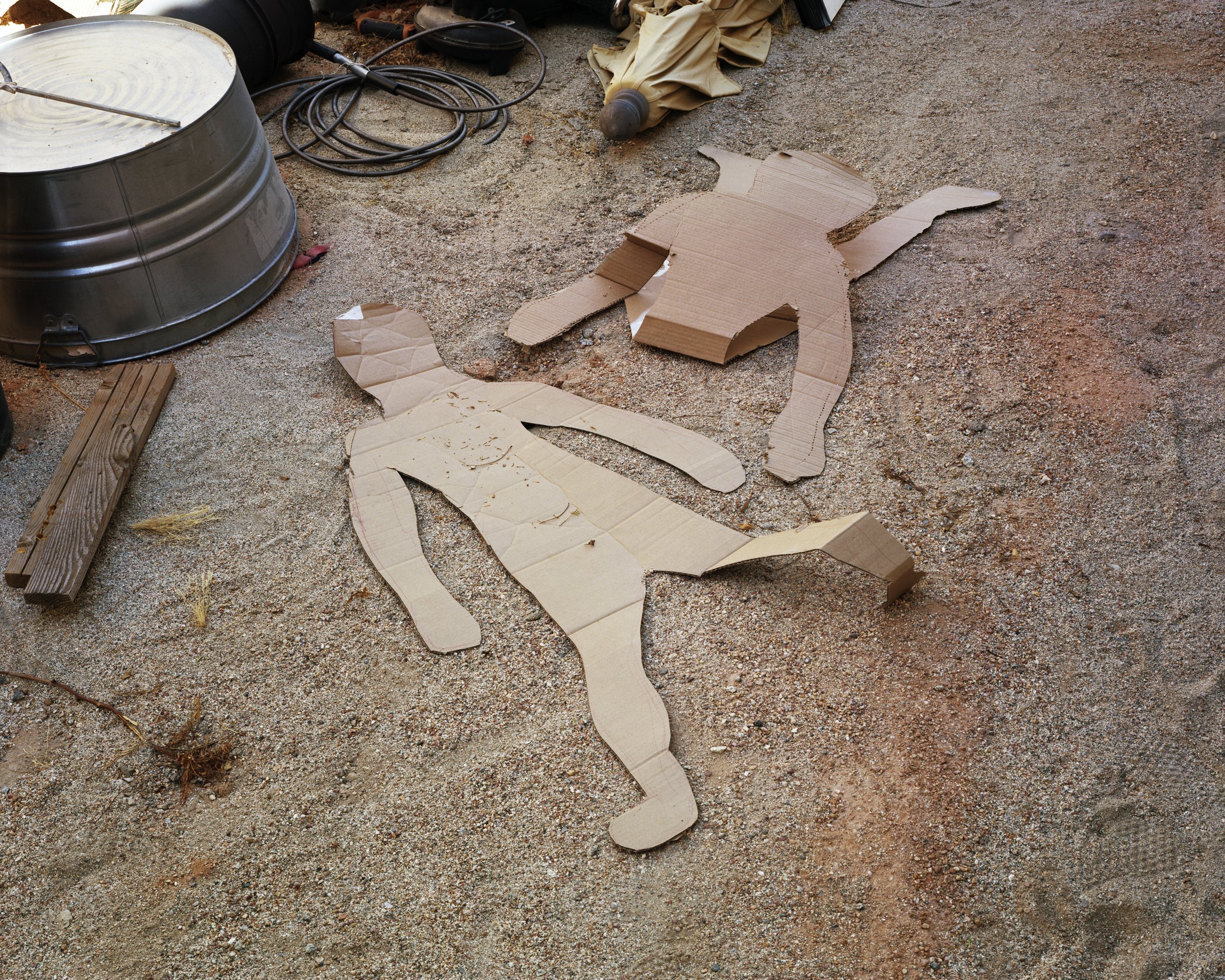 A Poor Sort of Memory by Tracy L Chandler — Cardboard templates for sculptural forms lay sprawled across concrete ground in a desert work site.