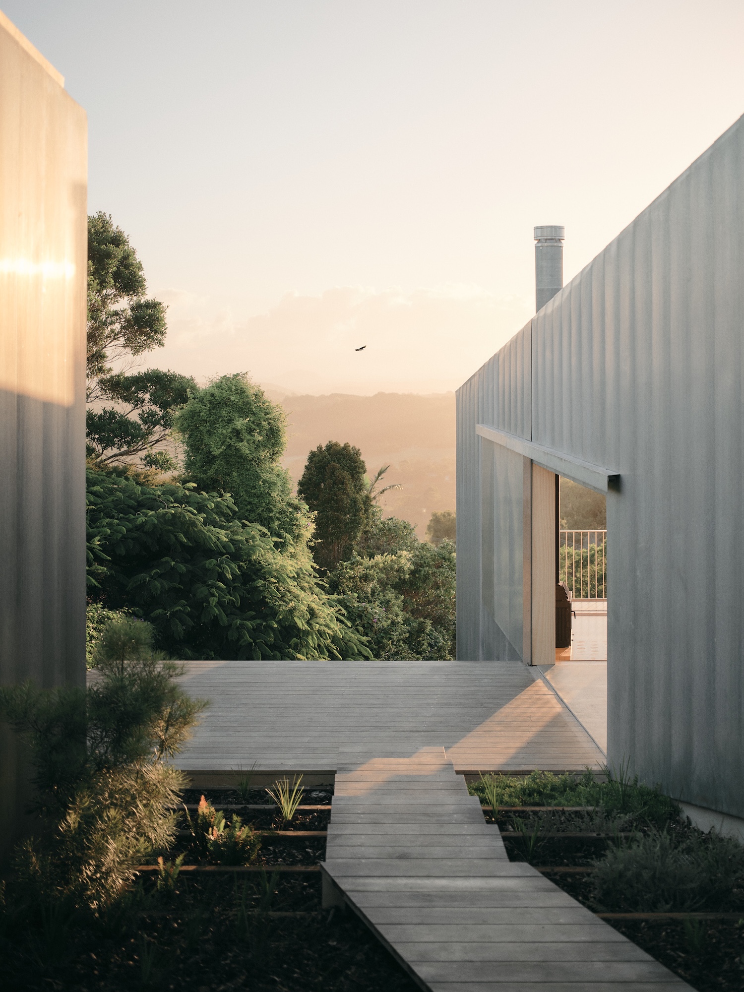 Mapleton House by Atelier Chen Hung — A timber boardwalk cuts through the site's threshold zone, flanked by rendered monolithic walls in warm ochre tones that rise vertically on both sides.