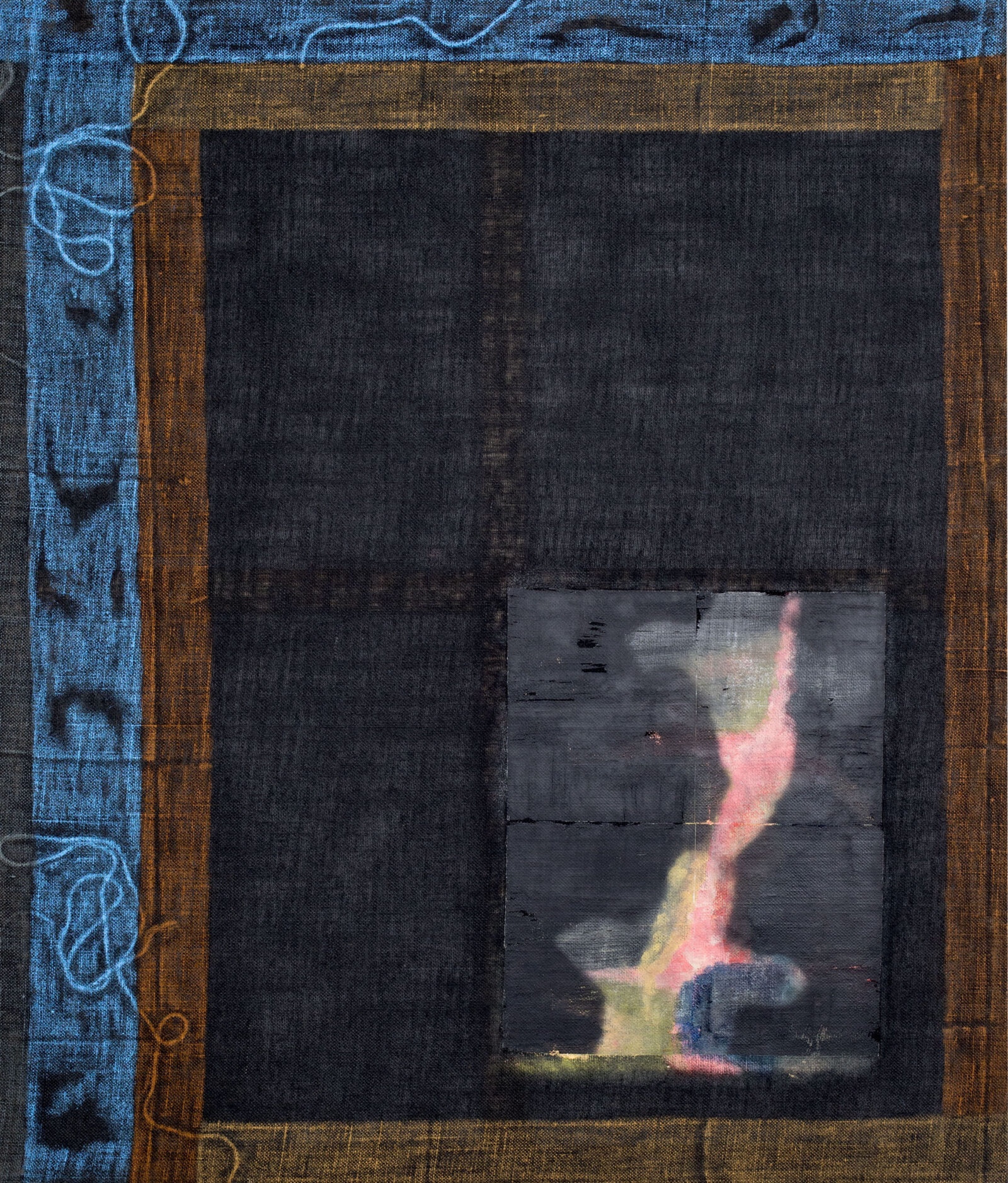 What You See is Not Here Tomorrow by Radek Brousil at Krupa Gallery — A framed artwork mounted on a dark-painted wall features a wooden border in warm brown tones with visible grain texture.