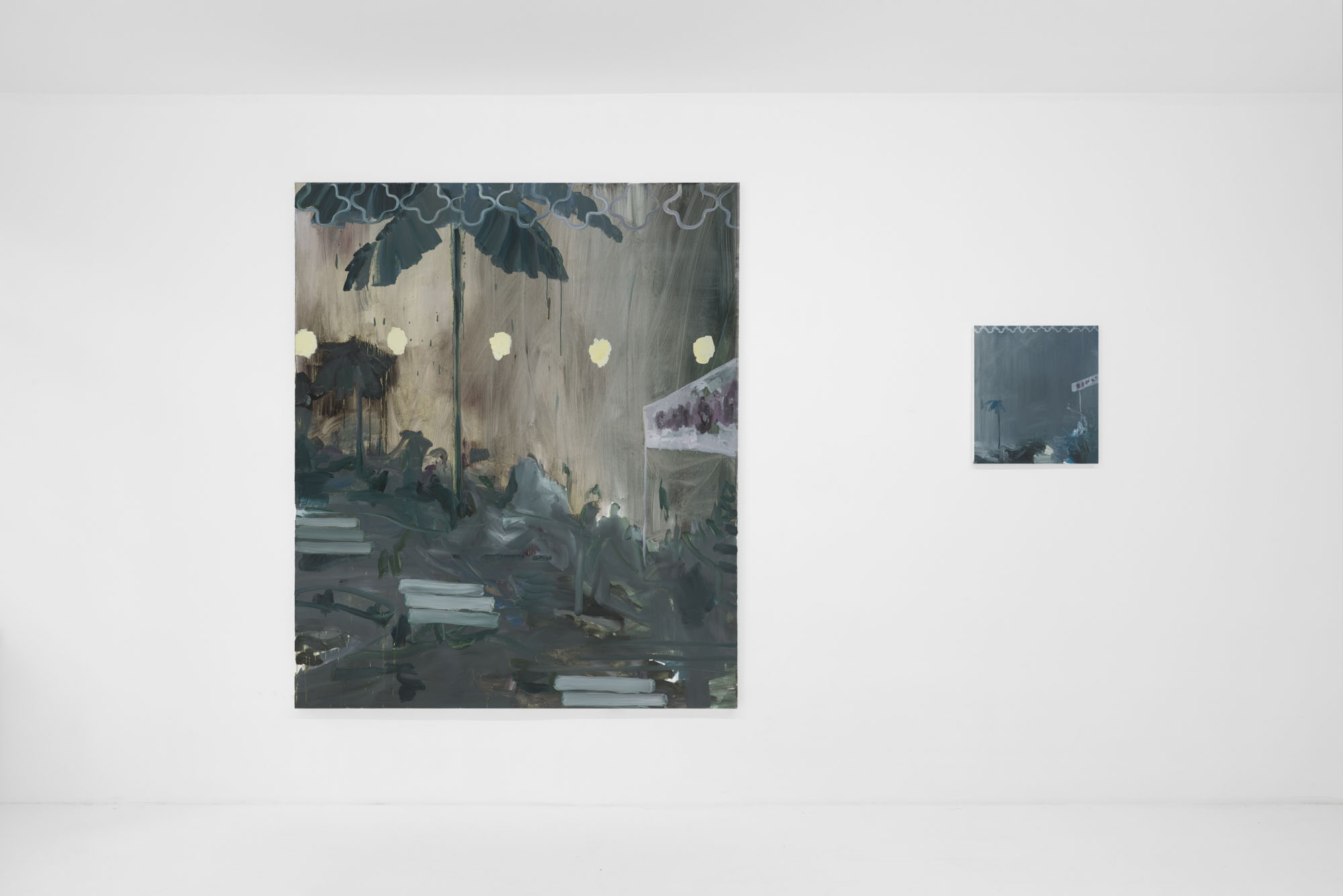 Four Minutes After Sunset by Rudy Cremonini at Capsule Shanghai — A large-format photograph mounted at eye level on a white cylindrical plinth depicts an interior scene viewed through heavy rainfall.