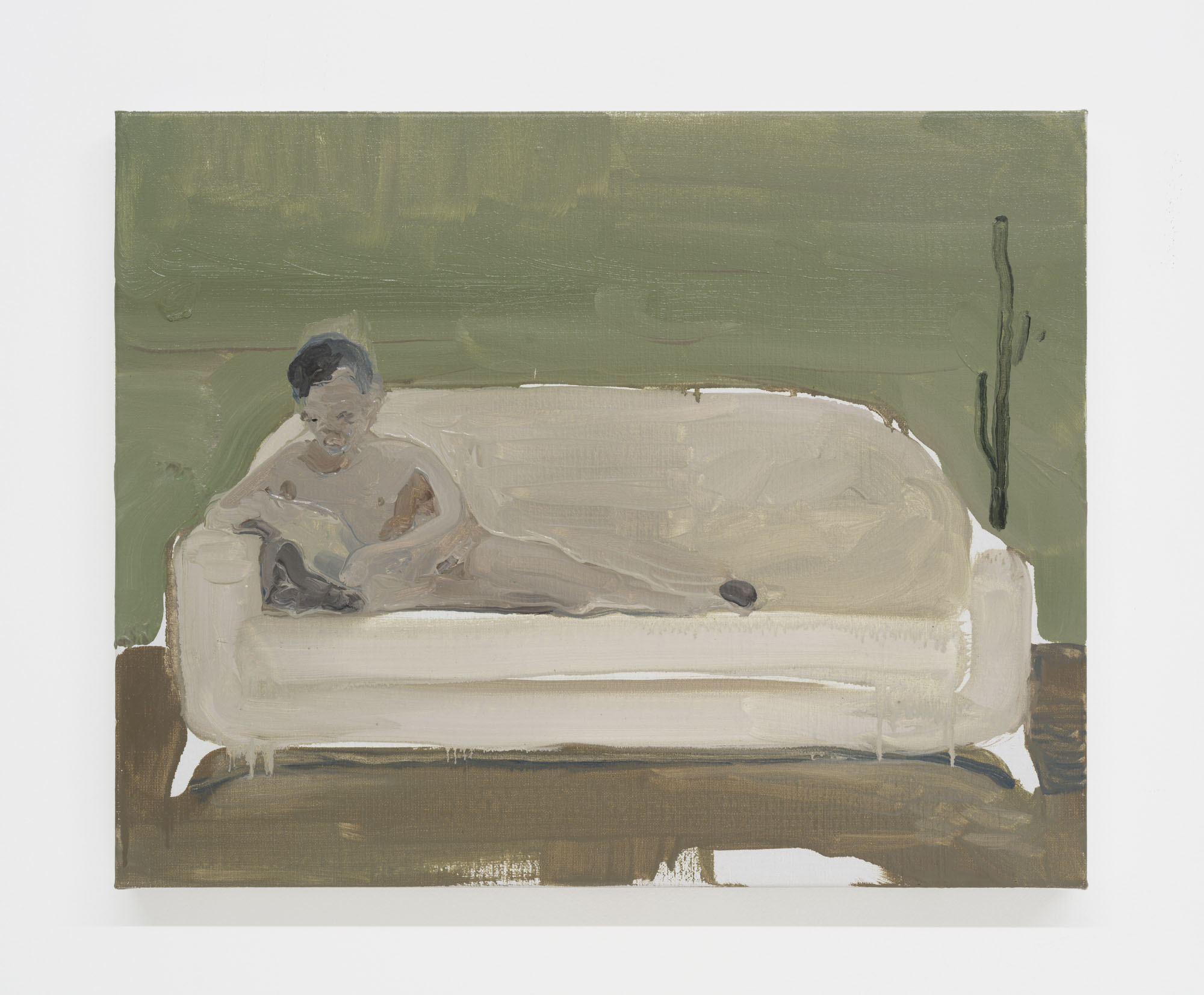 Four Minutes After Sunset by Rudy Cremonini at Capsule Shanghai — Oil on canvas depicting a solitary child seated on a cream-colored sofa against a muted sage-green wall.