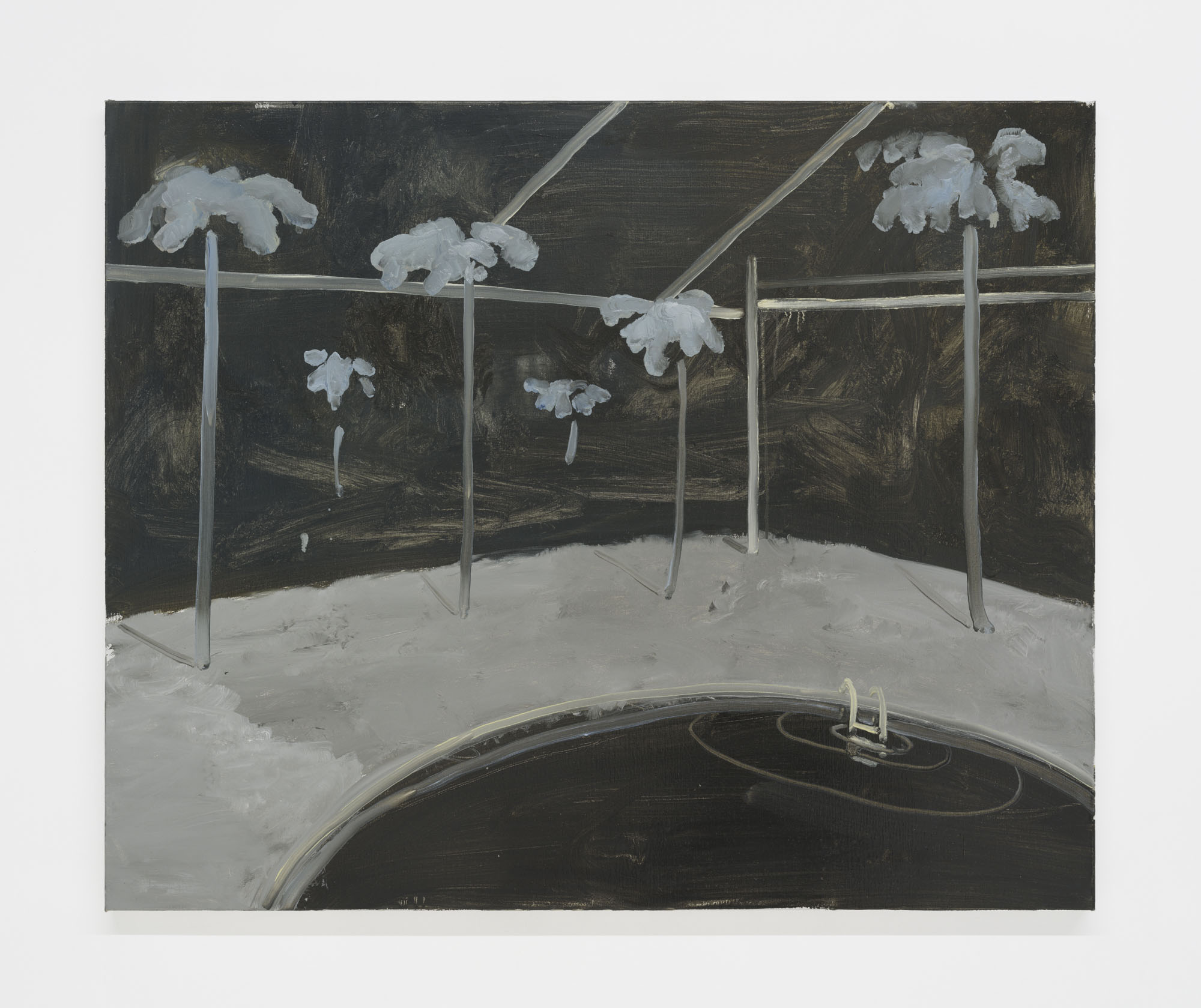 Four Minutes After Sunset by Rudy Cremonini at Capsule Shanghai — Rudy Cremonini's painting depicts a nocturnal interior bounded by vertical steel supports and horizontal rails.