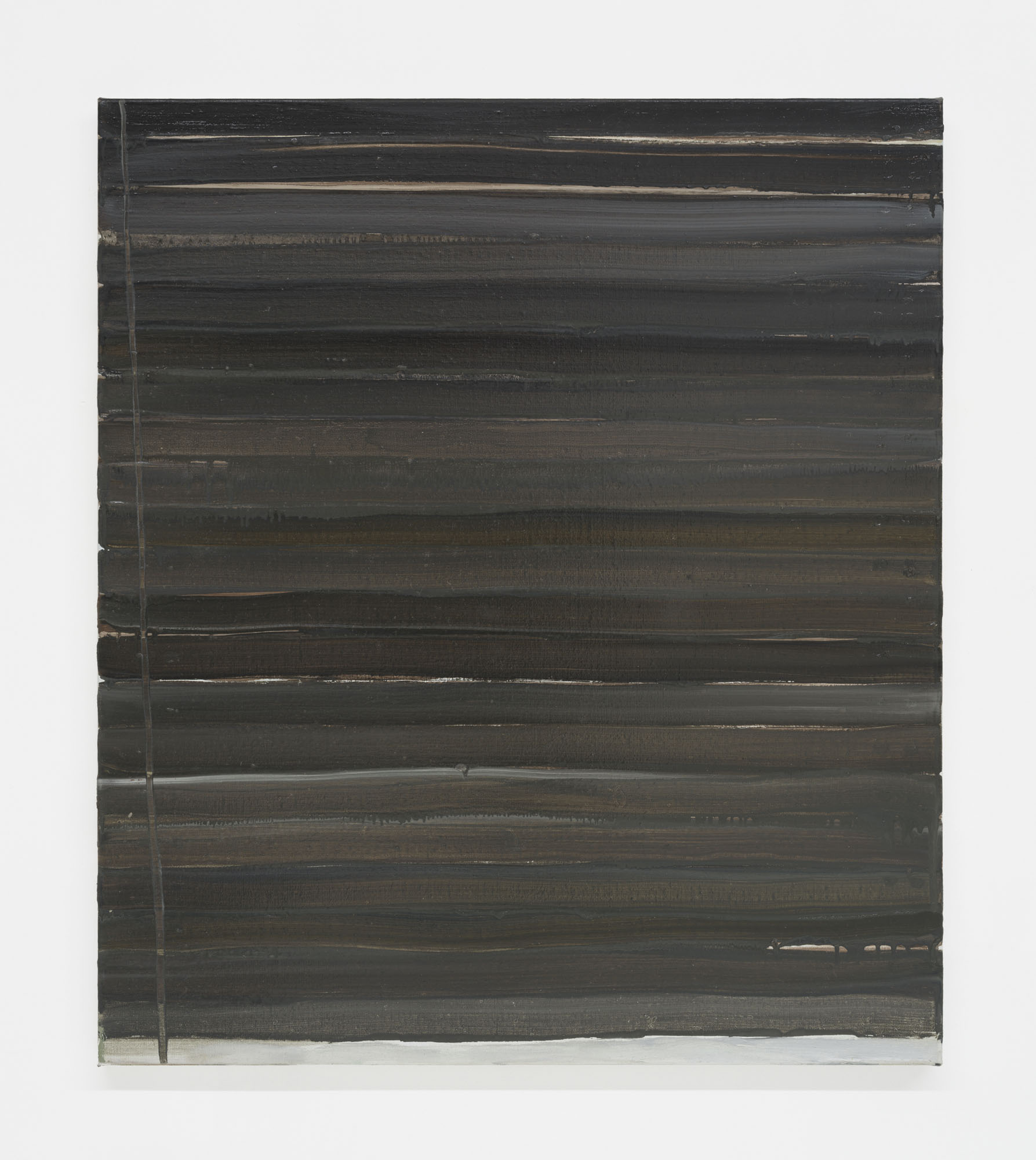 Four Minutes After Sunset by Rudy Cremonini at Capsule Shanghai — A horizontal canvas dominates the frame, its surface articulated through successive layers of charcoal, slate, and dark grey paint applied in deliberate...