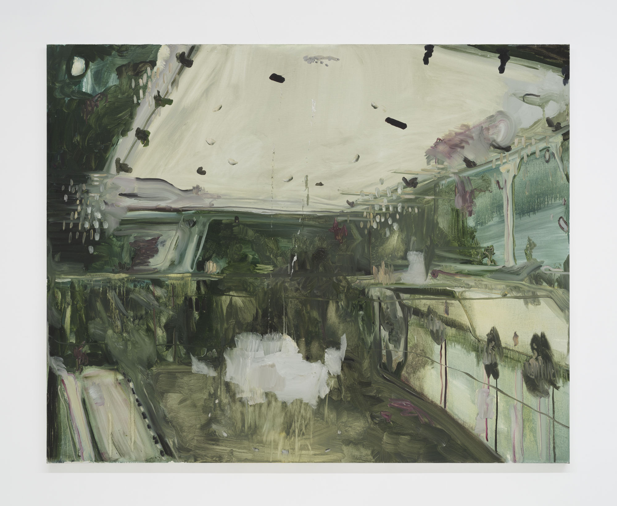 Four Minutes After Sunset by Rudy Cremonini at Capsule Shanghai — Oil painting depicting an interior architectural space rendered in muted greens, creams, and whites.