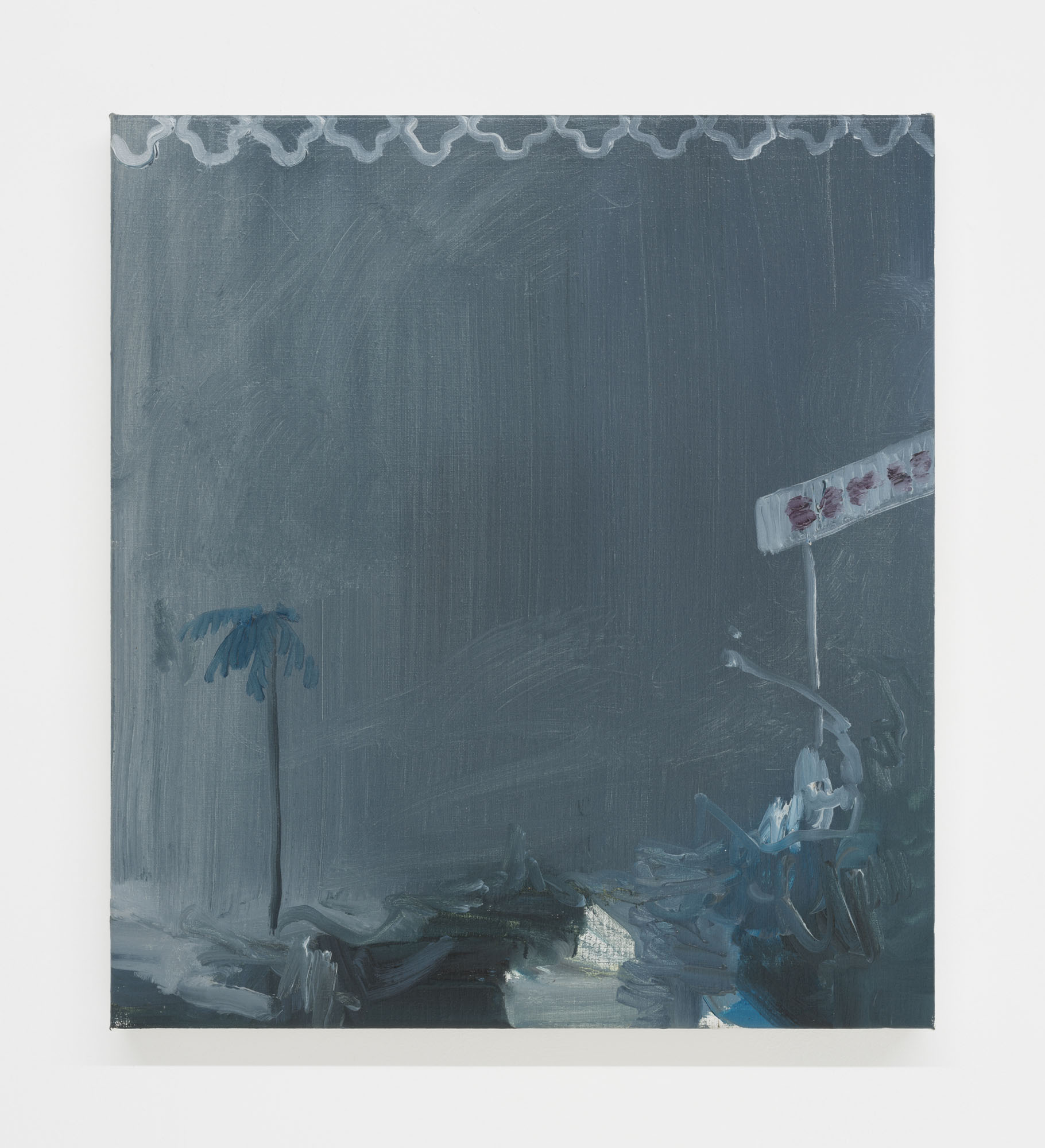 Four Minutes After Sunset by Rudy Cremonini at Capsule Shanghai — Rudy Cremonini's painting hangs at eye level on a white cylindrical plinth within Capsule Shanghai's gallery.
