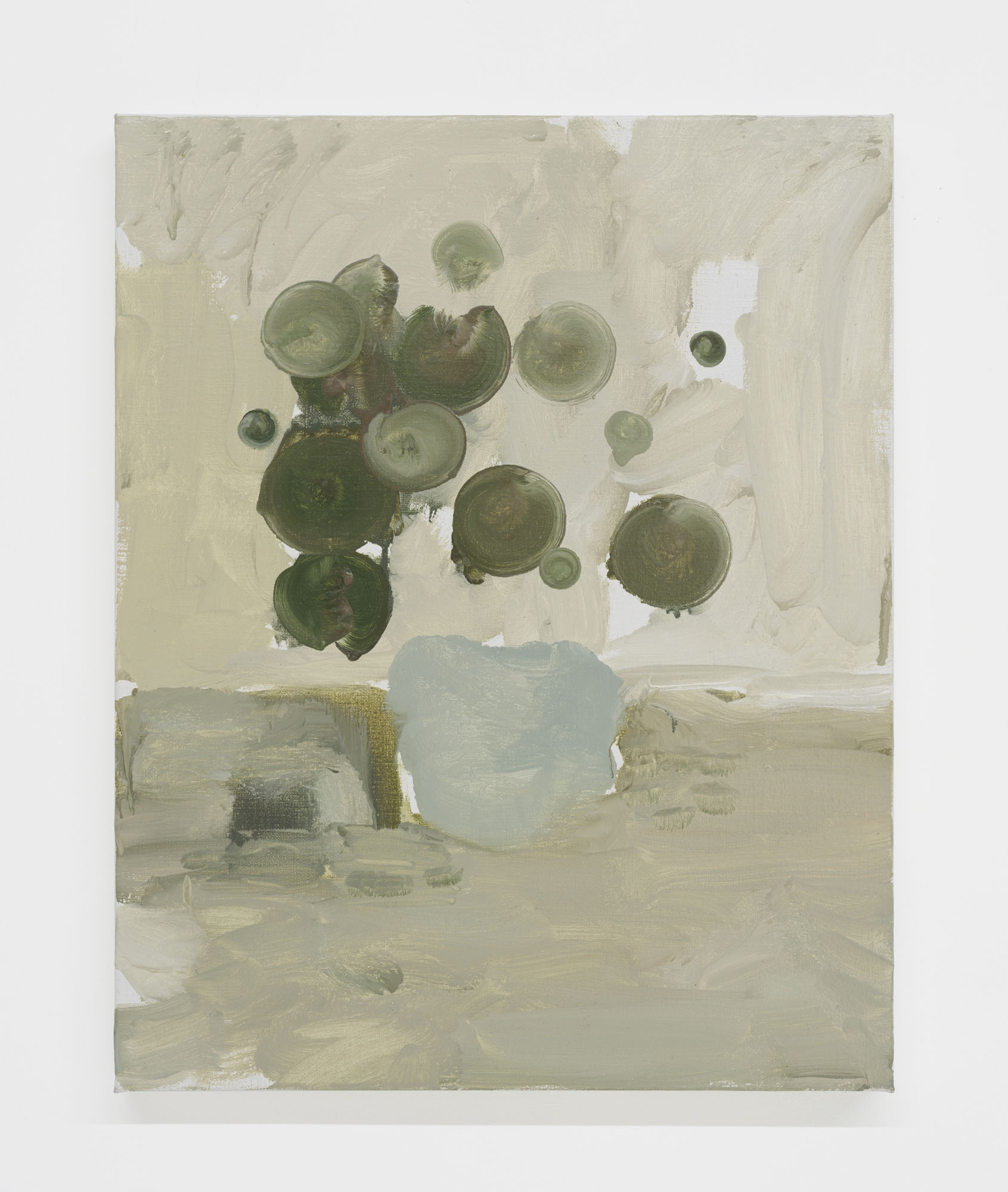 Four Minutes After Sunset by Rudy Cremonini at Capsule Shanghai — Overhead view of gallery installation featuring green-toned ceramic vessels of varying scales arranged across a pale rendered floor.