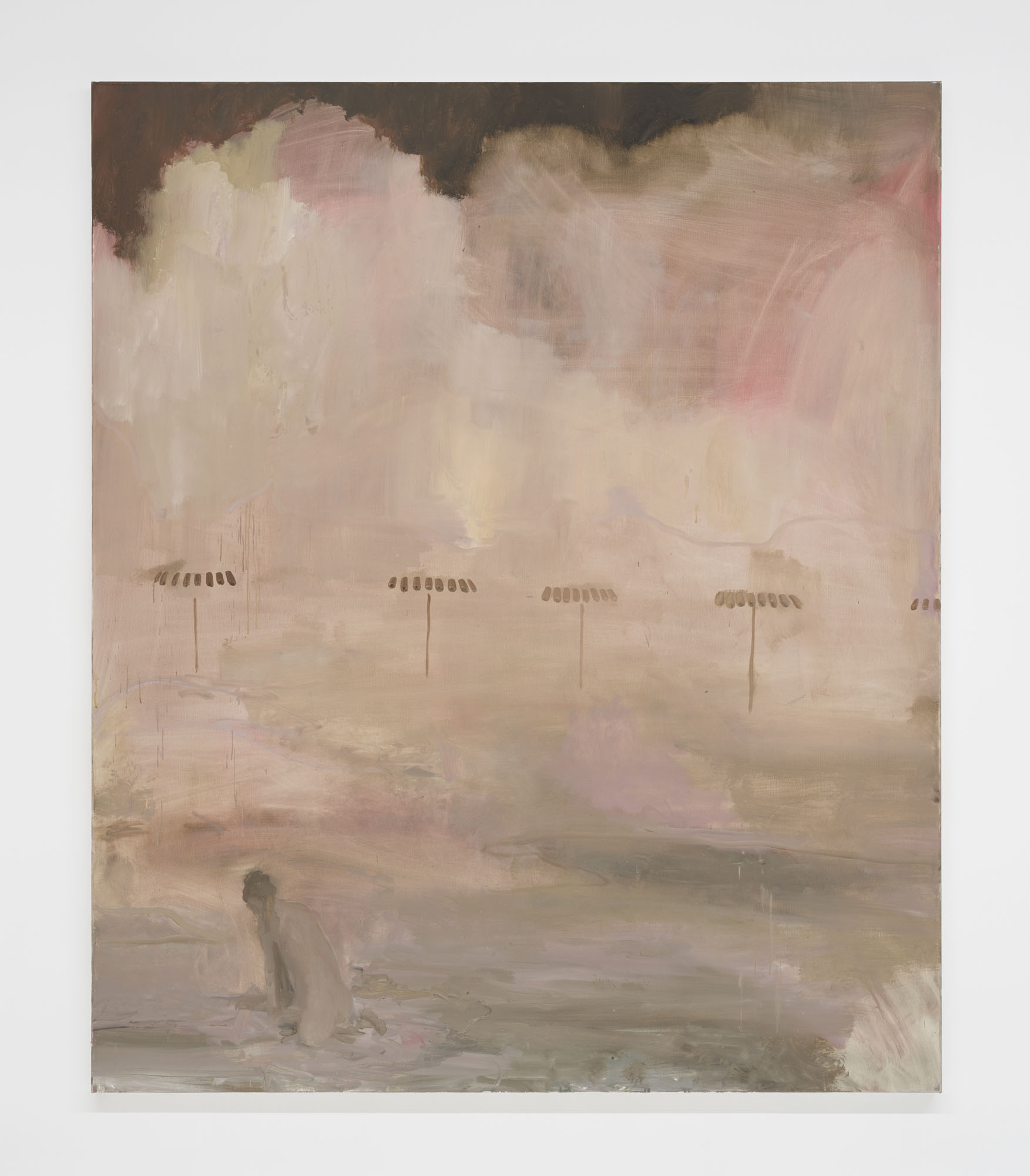 Four Minutes After Sunset by Rudy Cremonini at Capsule Shanghai — A painting depicting a solitary figure wading in shallow water, rendered in muted tones of cream, beige, and mauve.