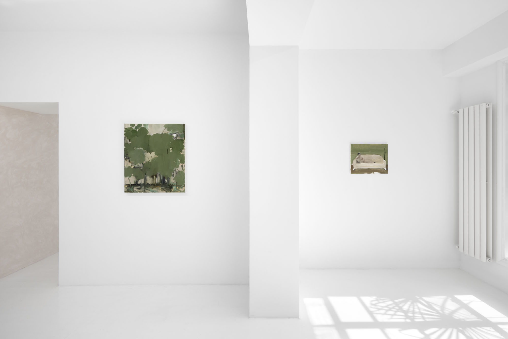 Four Minutes After Sunset by Rudy Cremonini at Capsule Shanghai — Two framed paintings hang on white plaster walls within a gallery interior at Capsule Shanghai.