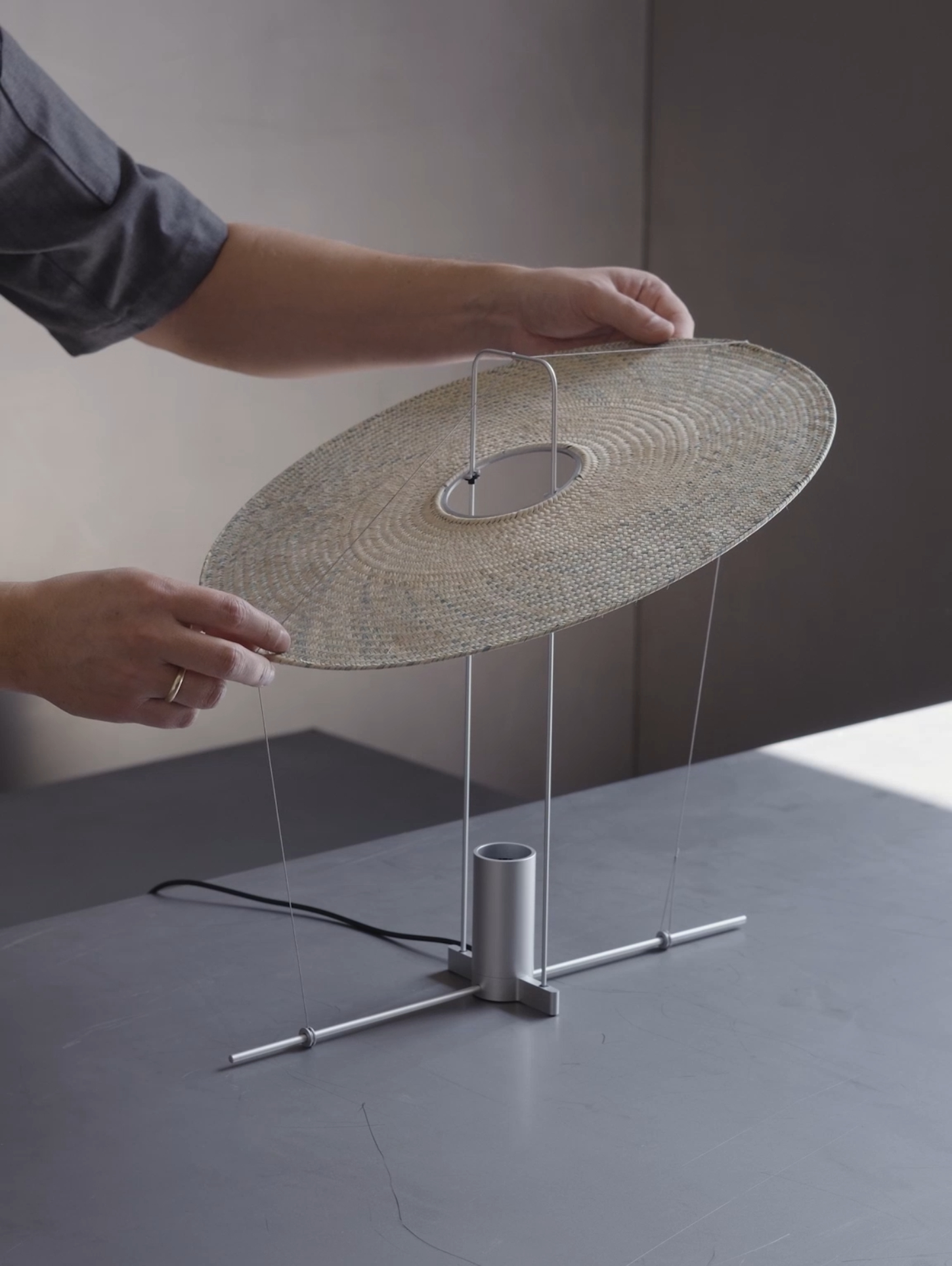 Cilia by Studio Davidpompa — Cilia pendant lamp suspended by four thin metal cables from a central aluminum cylinder.