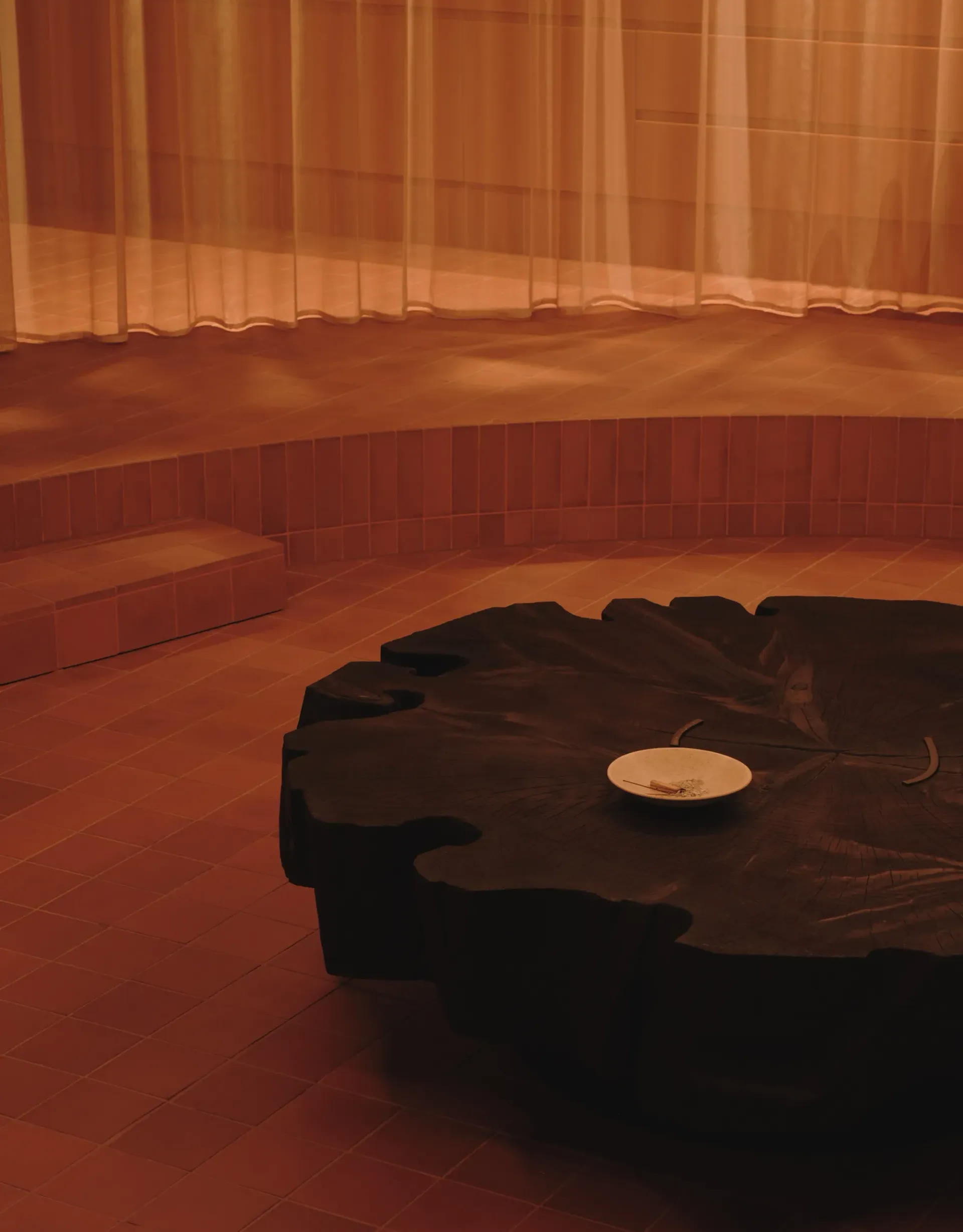 Arc Canary Wharf by Cake Architecture — A sculptural void anchors the amphitheatre-style lounge, its organic perimeter casting deep shadows across concentric terracotta tile tiers.