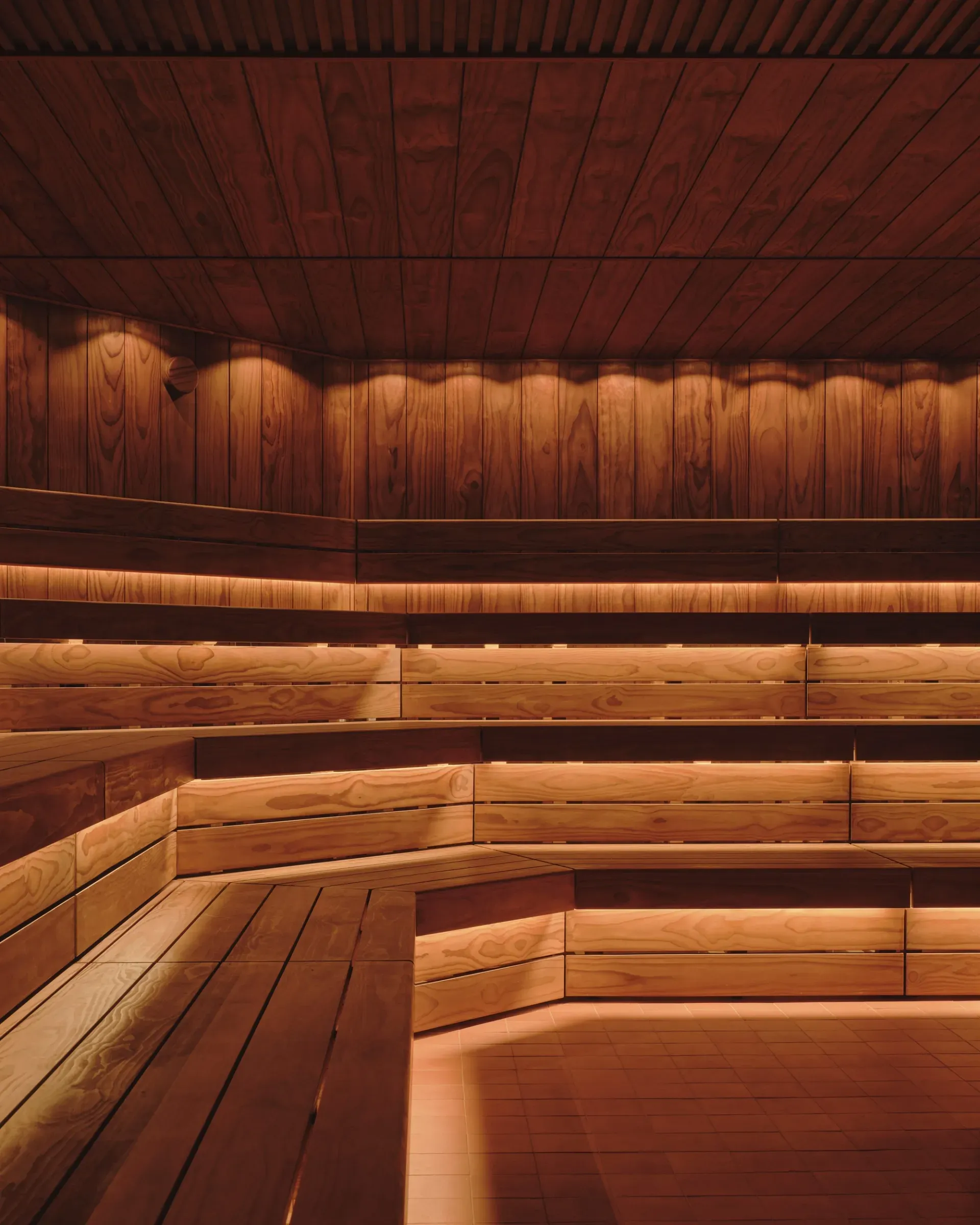 Arc Canary Wharf by Cake Architecture — A sauna interior reveals concentric timber bench tiers descending toward a central void, creating an amphitheatre-like configuration.