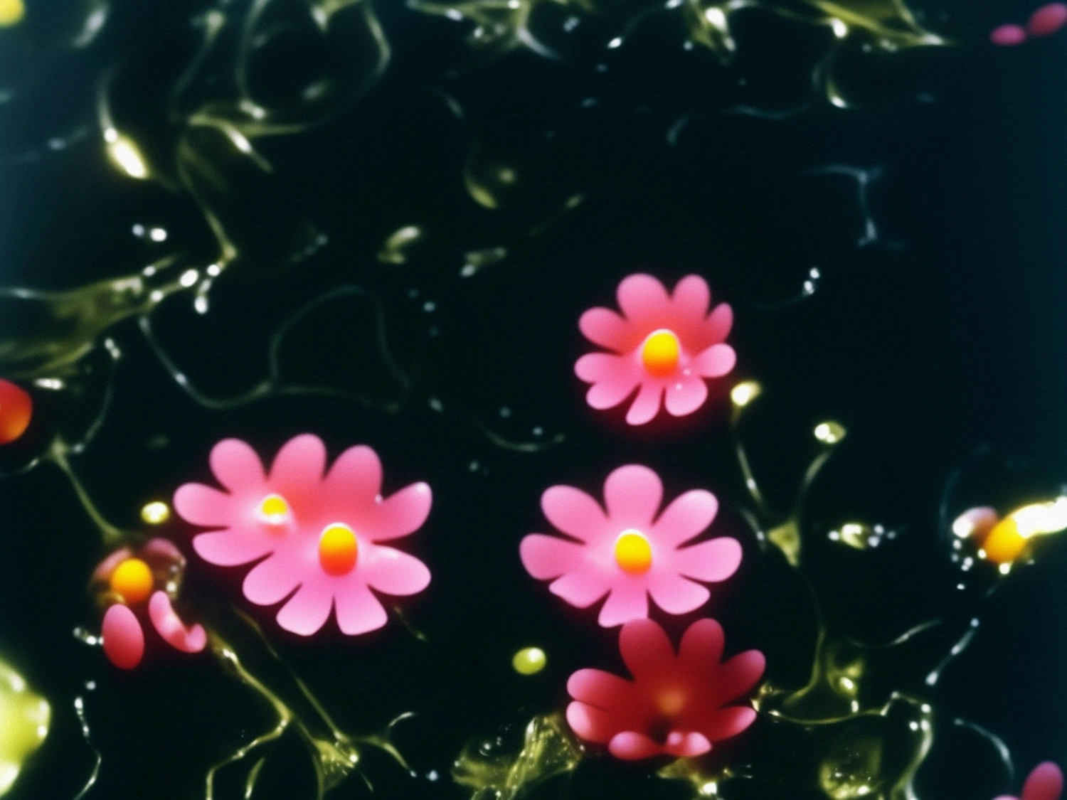 The Book of Flowers by Agnieszka Polska at Union Pacific — Digital video work featuring synthetic flowers with radial pink petals and yellow centers rendered against a dark teal background.
