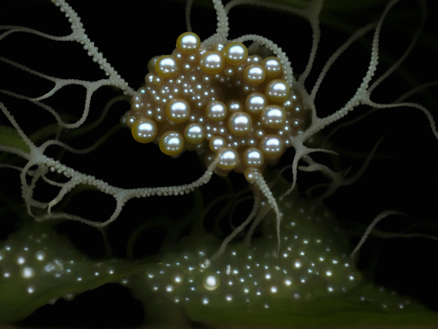 The Book of Flowers by Agnieszka Polska at Union Pacific — A digitally rendered cluster of pearl-like spheres in graduated sizes, arranged in dense formation around branching, textured coral-like structures against...