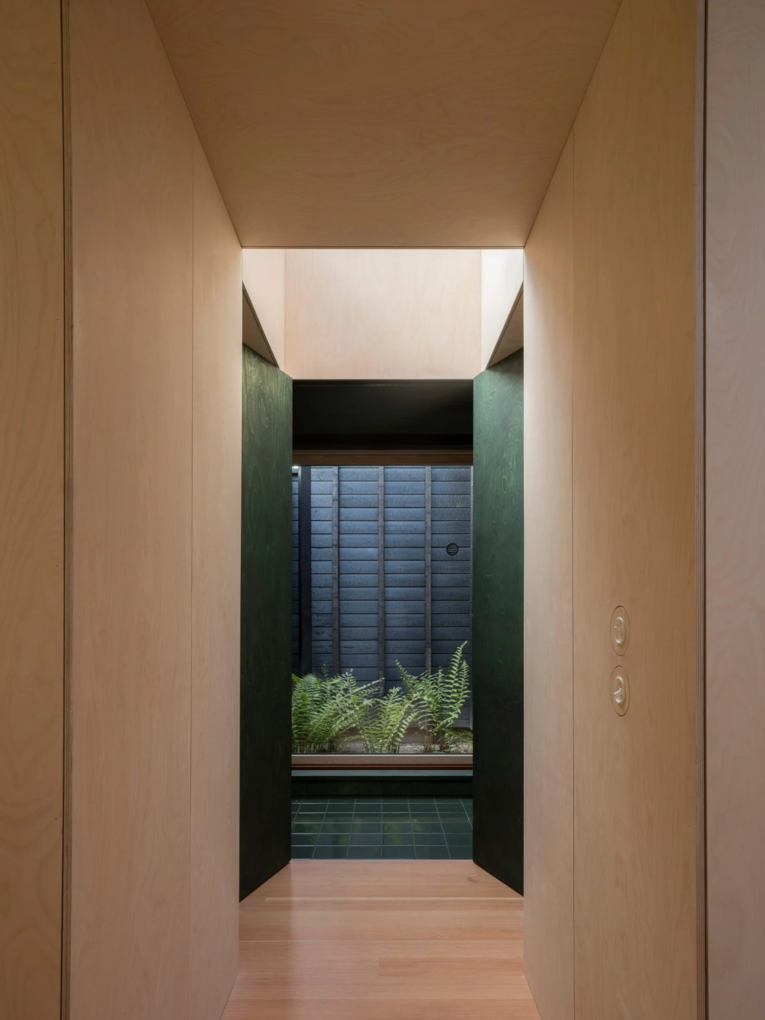 House with a Hidden Atrium by Förstberg Ling — A narrow corridor frames the concealed atrium through a rectangular aperture, its wood-clad walls rendered in warm honey tones that contrast sharply with...