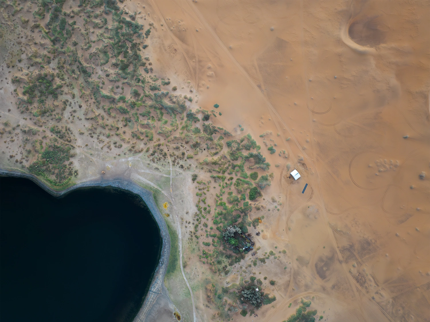 Home in the Badain Jaran Desert by School of Architecture and Urban Planning NJU — Aerial perspective of the Badain Jaran Desert dwelling reveals the architectural footprint against arid terrain.