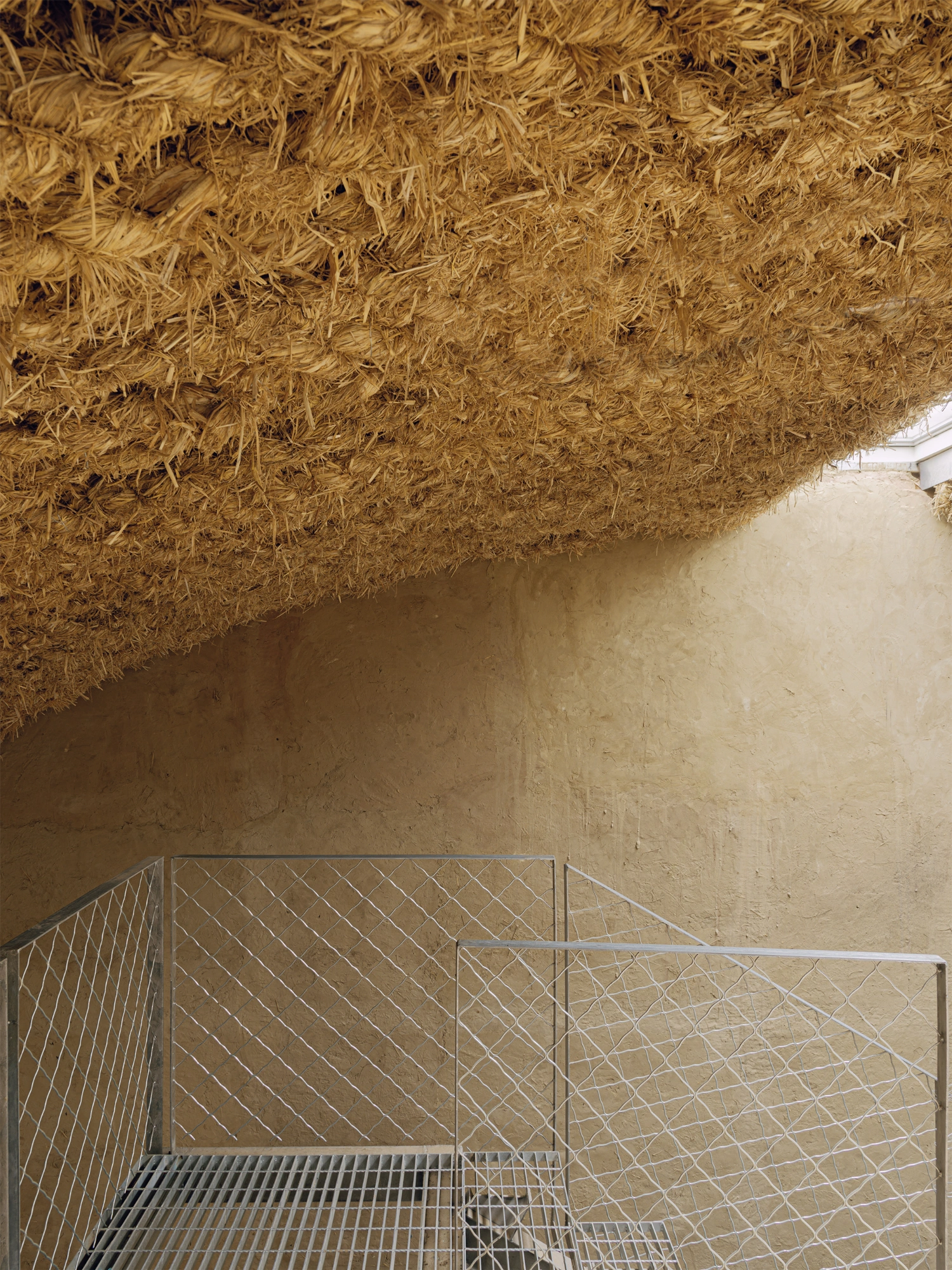 Home in the Badain Jaran Desert by School of Architecture and Urban Planning NJU — The straw-brick ceiling dominates this interior view, its dense fibrous texture rendered in warm ochre tones and spanning the full width of the space.