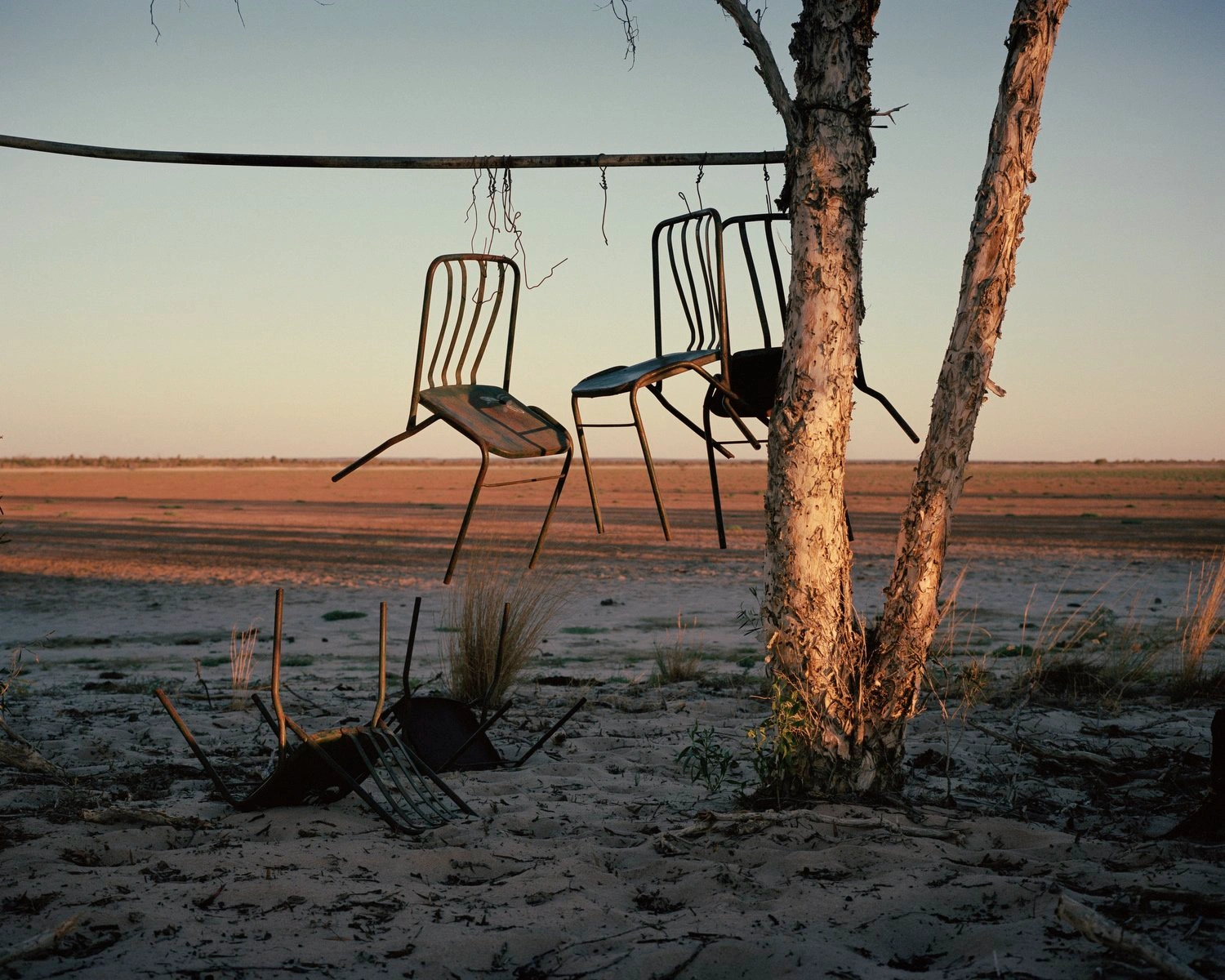 Big Sky by Adam Ferguson — Two metal chairs suspended from a horizontal steel cable strung between weathered eucalyptus trunks at the edge of a tidal flat.