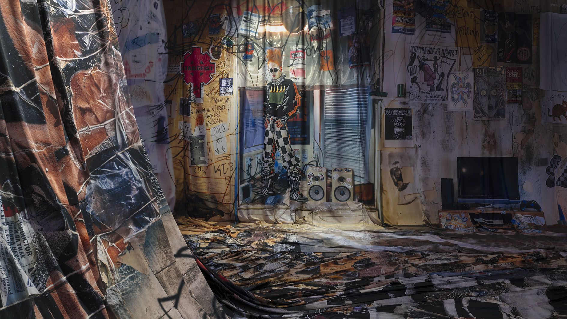 Proof of Concept by Jon Rafman at Sprüth Magers LA — Within Sprüth Magers LA, a sprawling interior accumulates layered visual references: hanging textiles in rust and ochre feature printed figures and...