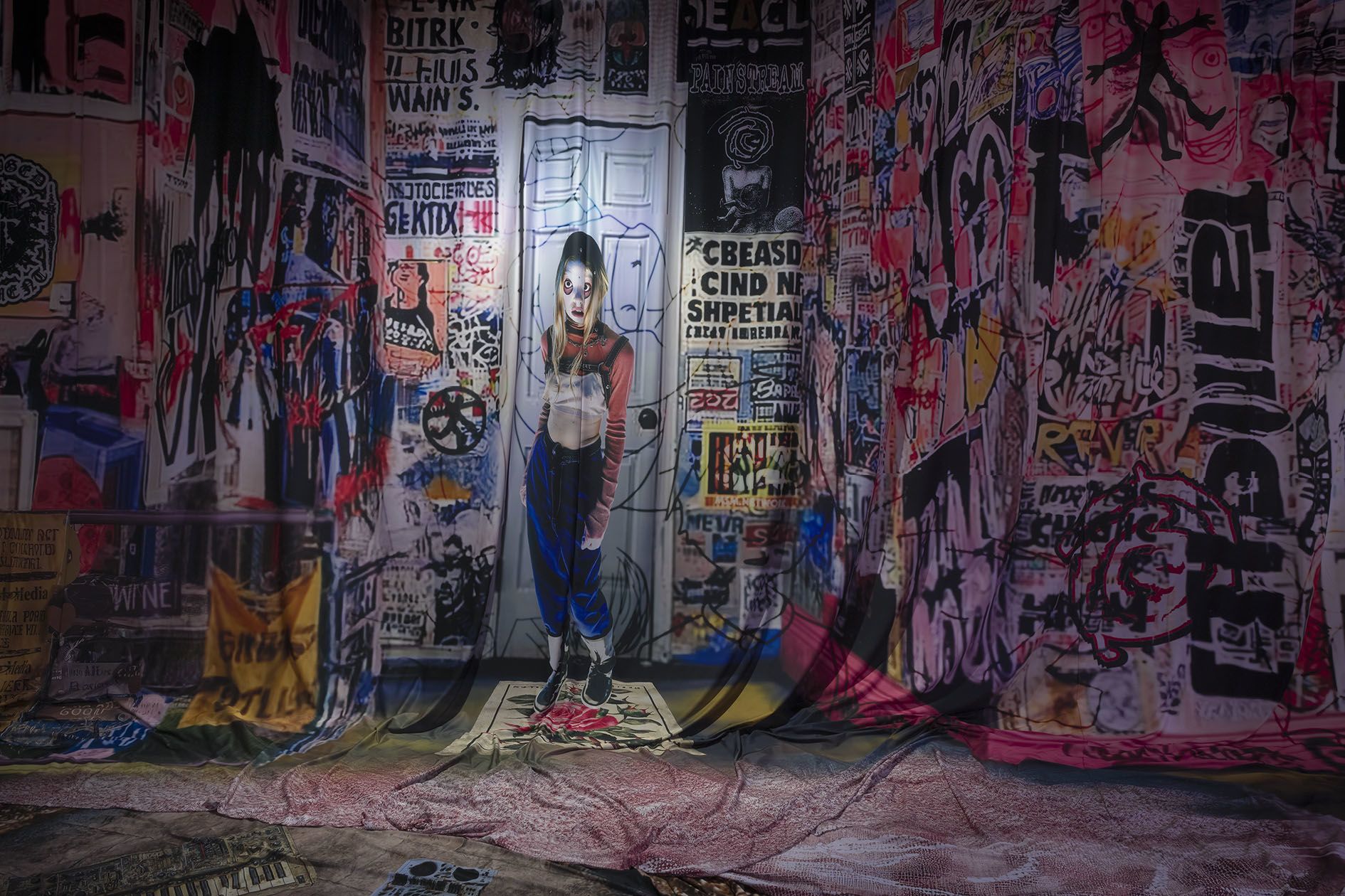 Proof of Concept by Jon Rafman at Sprüth Magers LA — A corridor densely papered with overlapping concert posters, graffiti tags, and printed imagery in pink, black, and blue creates a saturated visual environment.