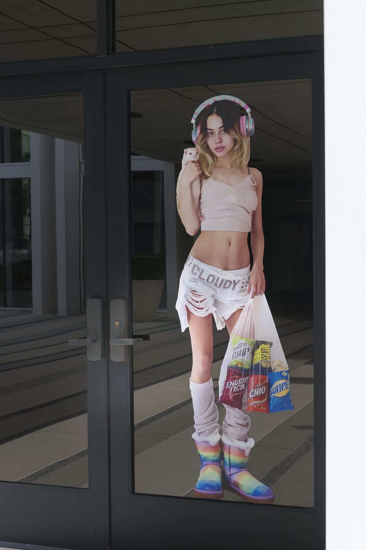Proof of Concept by Jon Rafman at Sprüth Magers LA — A life-size photographic or digital composite figure displayed within the gallery threshold, presenting a figure in cropped pink top and distressed white...