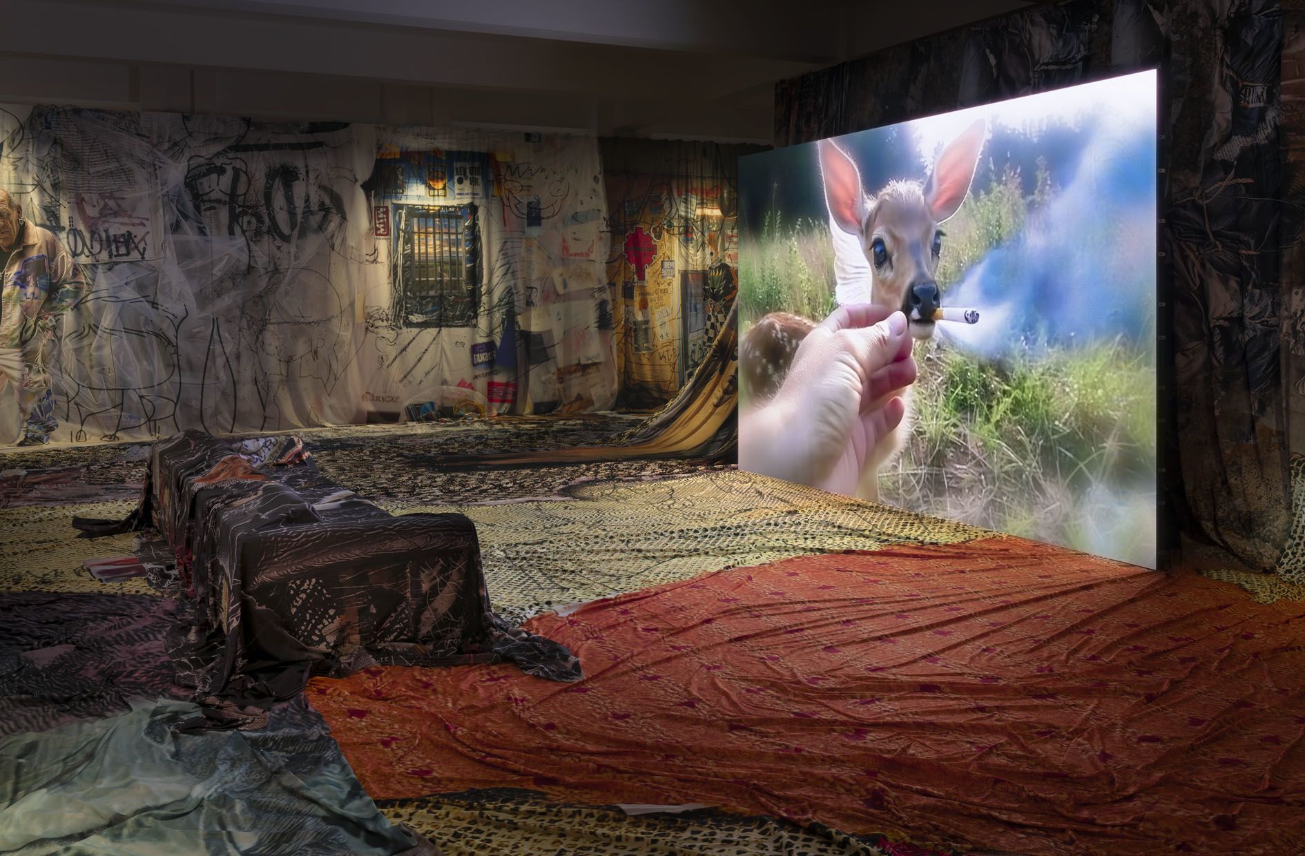 Proof of Concept by Jon Rafman at Sprüth Magers LA — Jon Rafman's installation merges MTV-era aesthetics with algorithmic image generation through a monumental LED screen displaying a composite image: a...